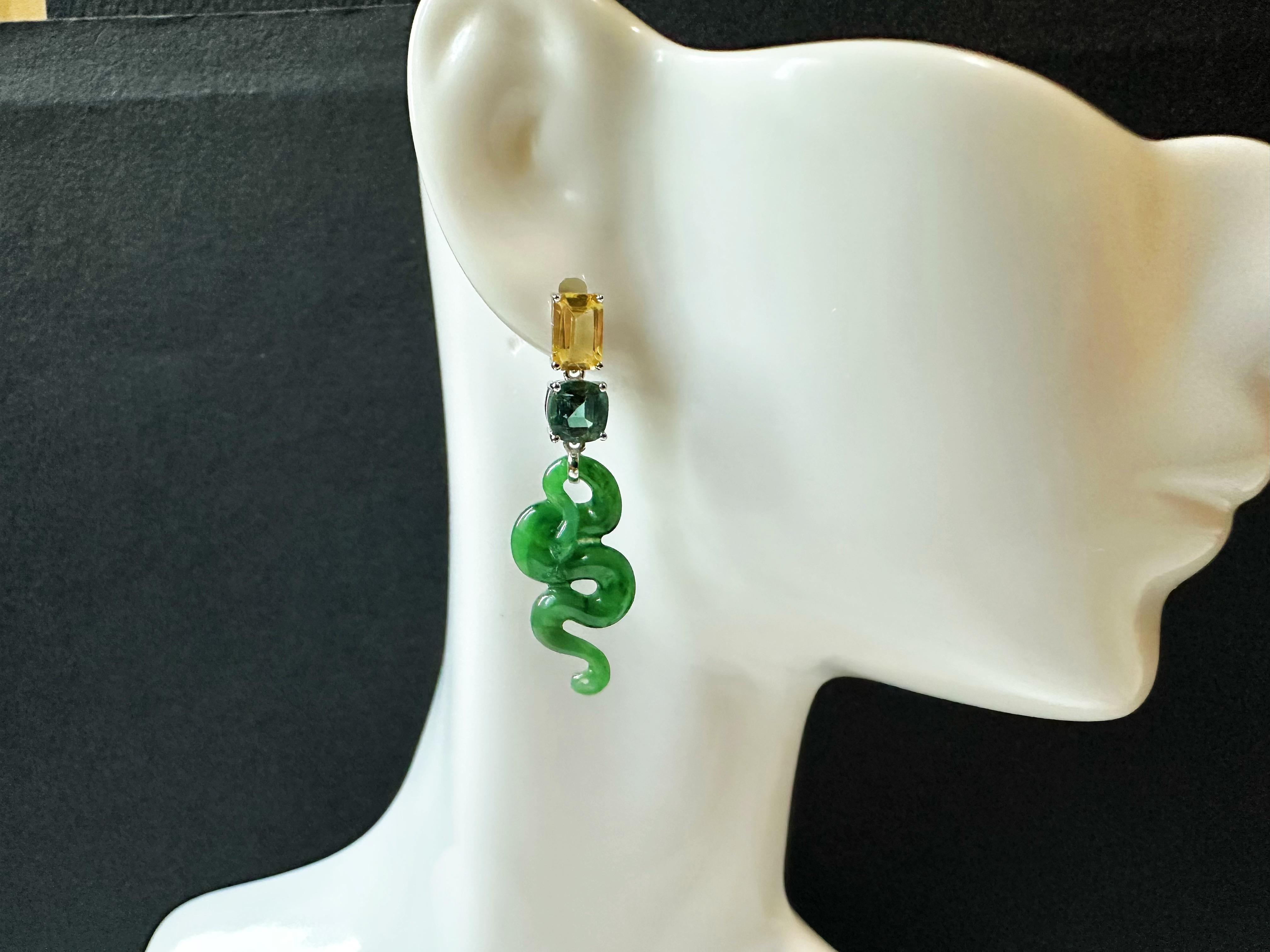 Certified Natural Myanmar Jade Snake Earrings in 18K White Gold with Sapphires For Sale 10
