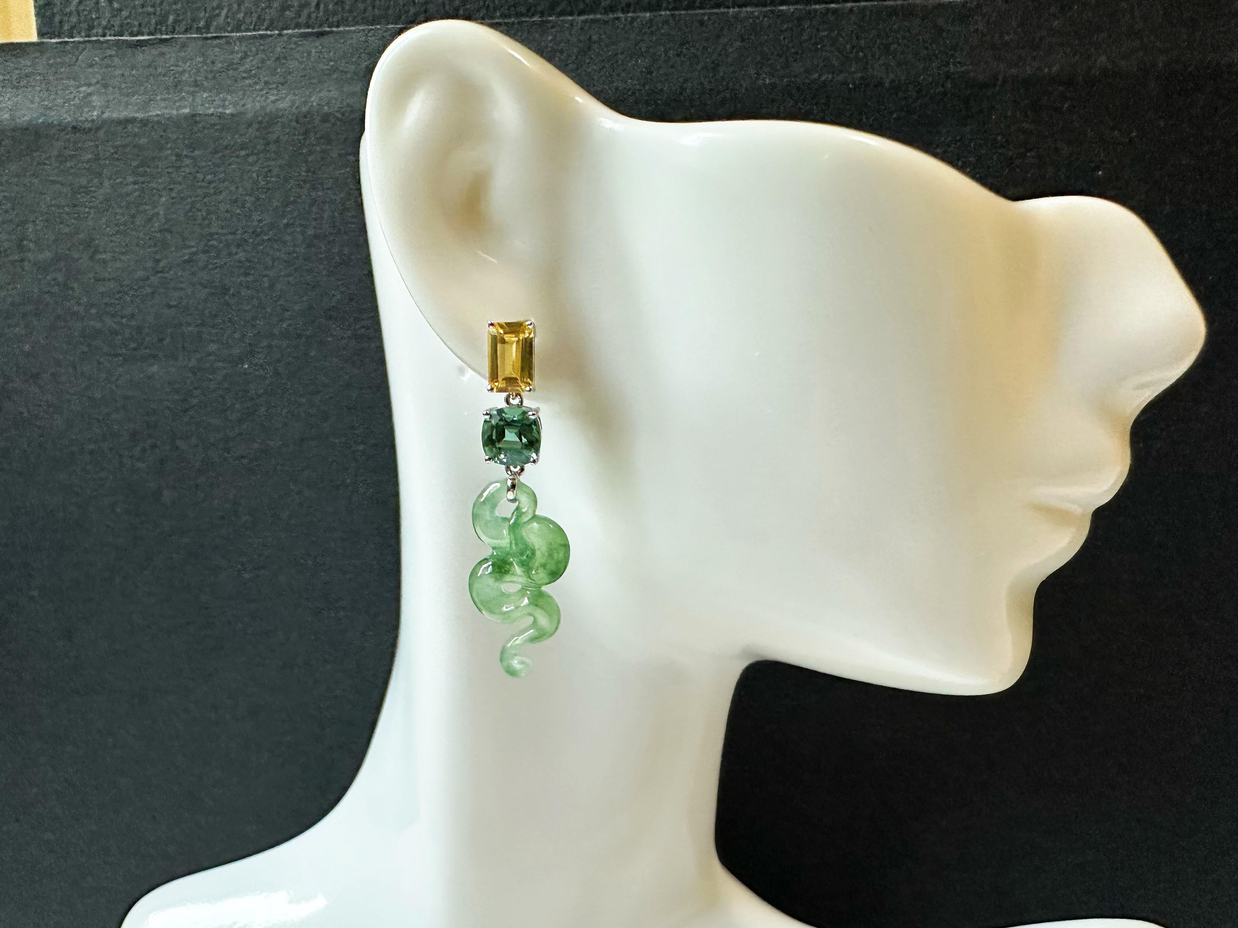 Certified Natural Myanmar Jade Snake Earrings in 18K White Gold with Sapphires For Sale 11