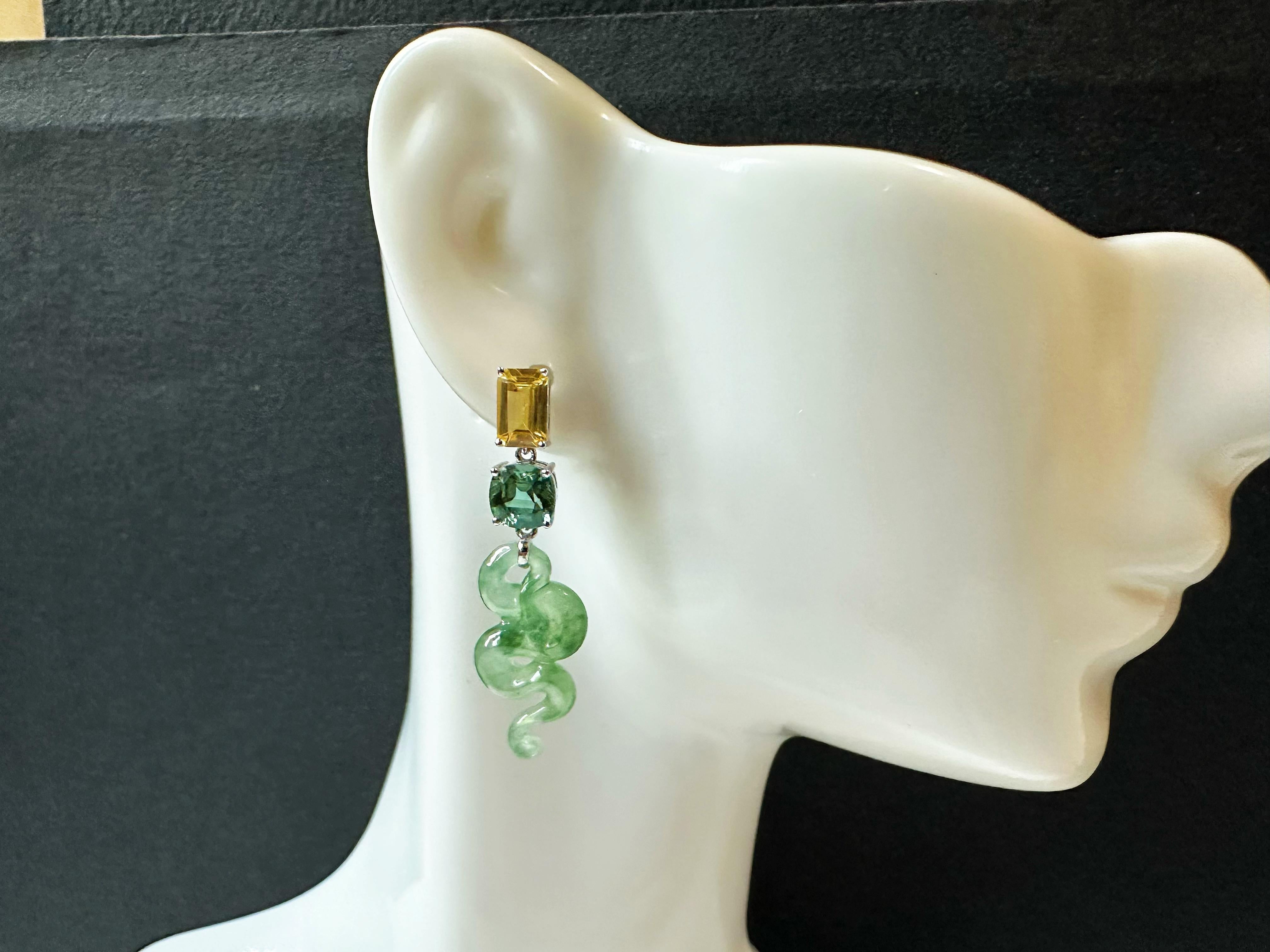 Certified Natural Myanmar Jade Snake Earrings in 18K White Gold with Sapphires For Sale 12