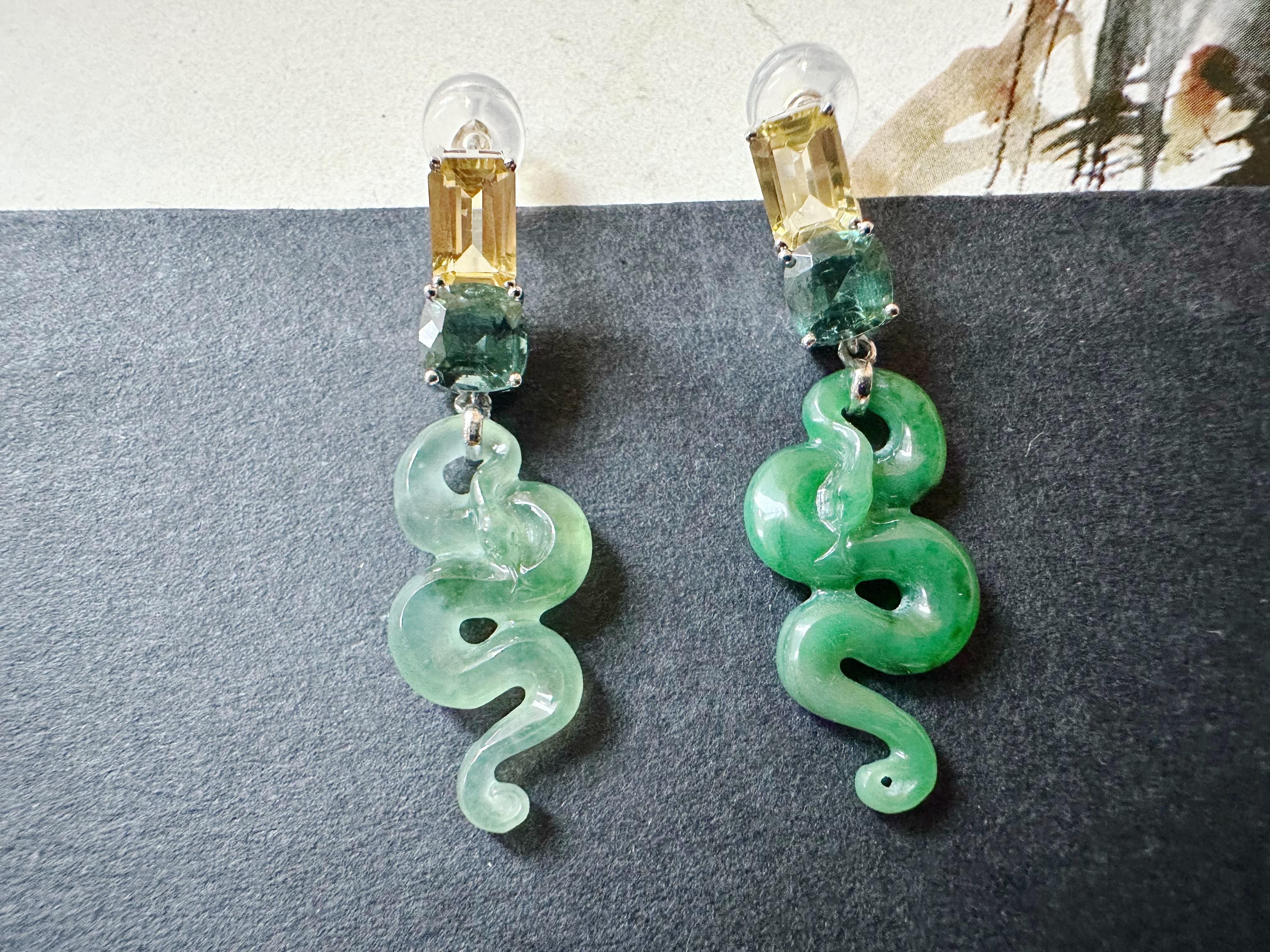 Art Nouveau Certified Natural Myanmar Jade Snake Earrings in 18K White Gold with Sapphires For Sale