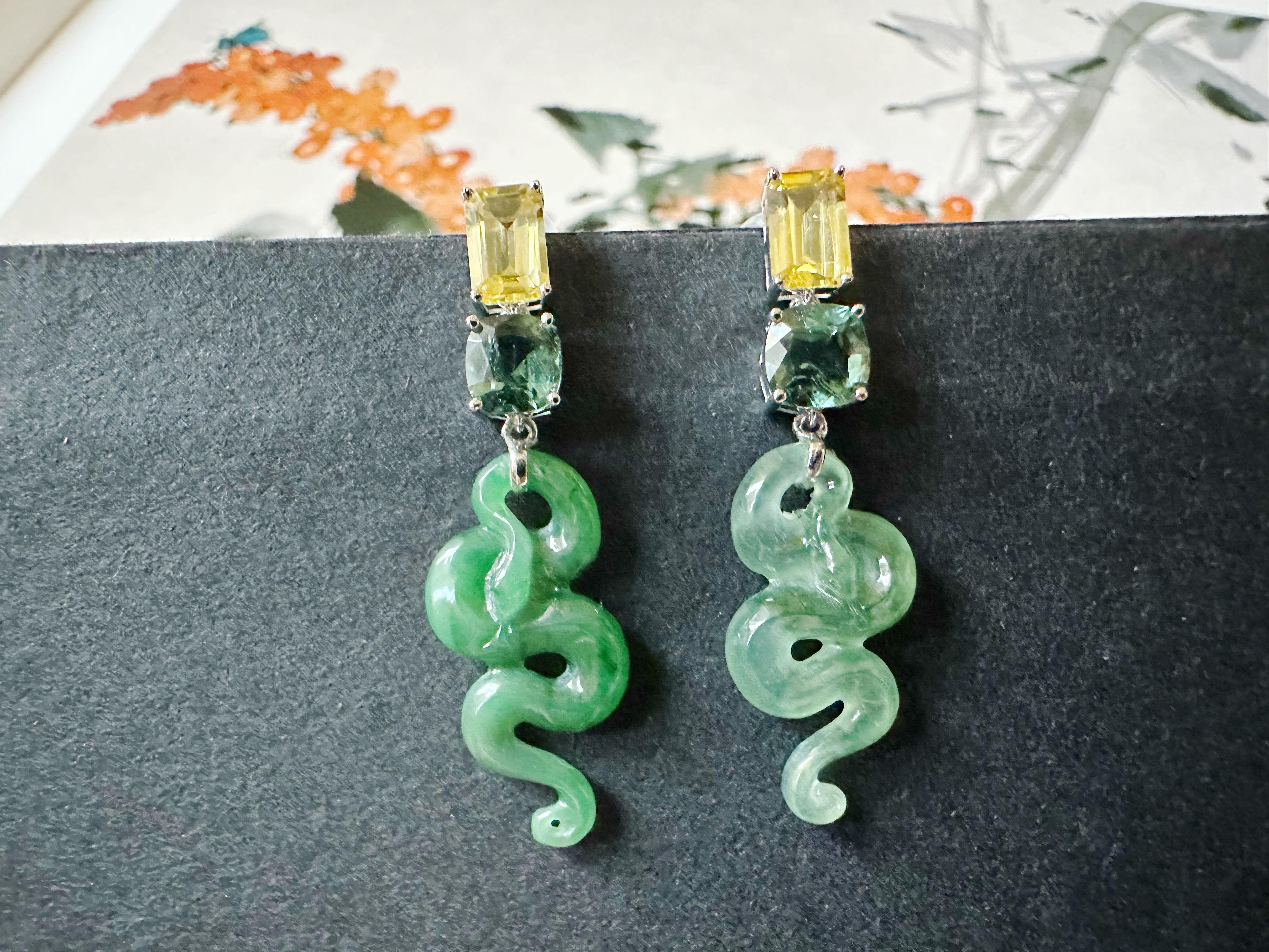 Mixed Cut Certified Natural Myanmar Jade Snake Earrings in 18K White Gold with Sapphires For Sale