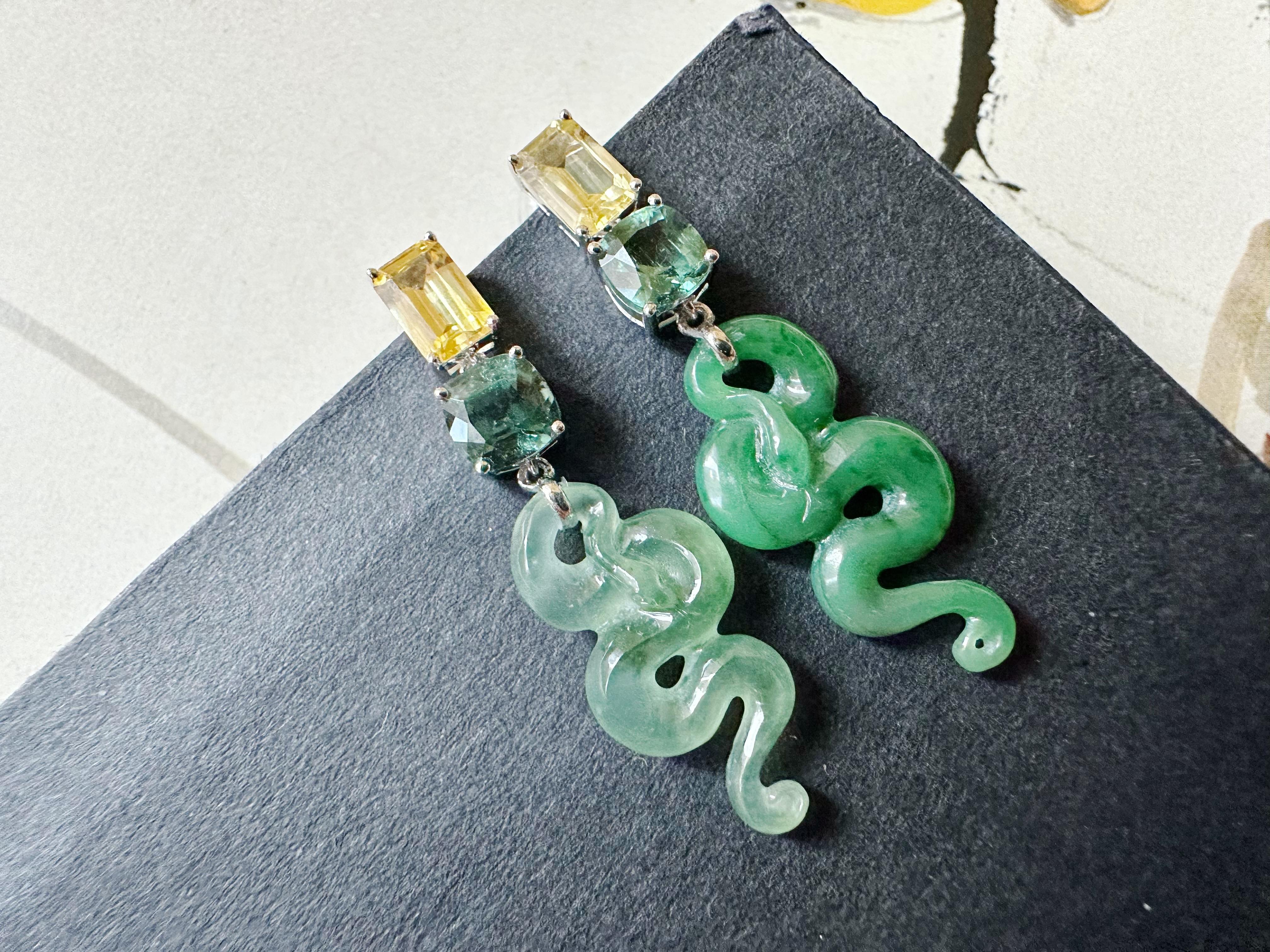 Certified Natural Myanmar Jade Snake Earrings in 18K White Gold with Sapphires For Sale 1