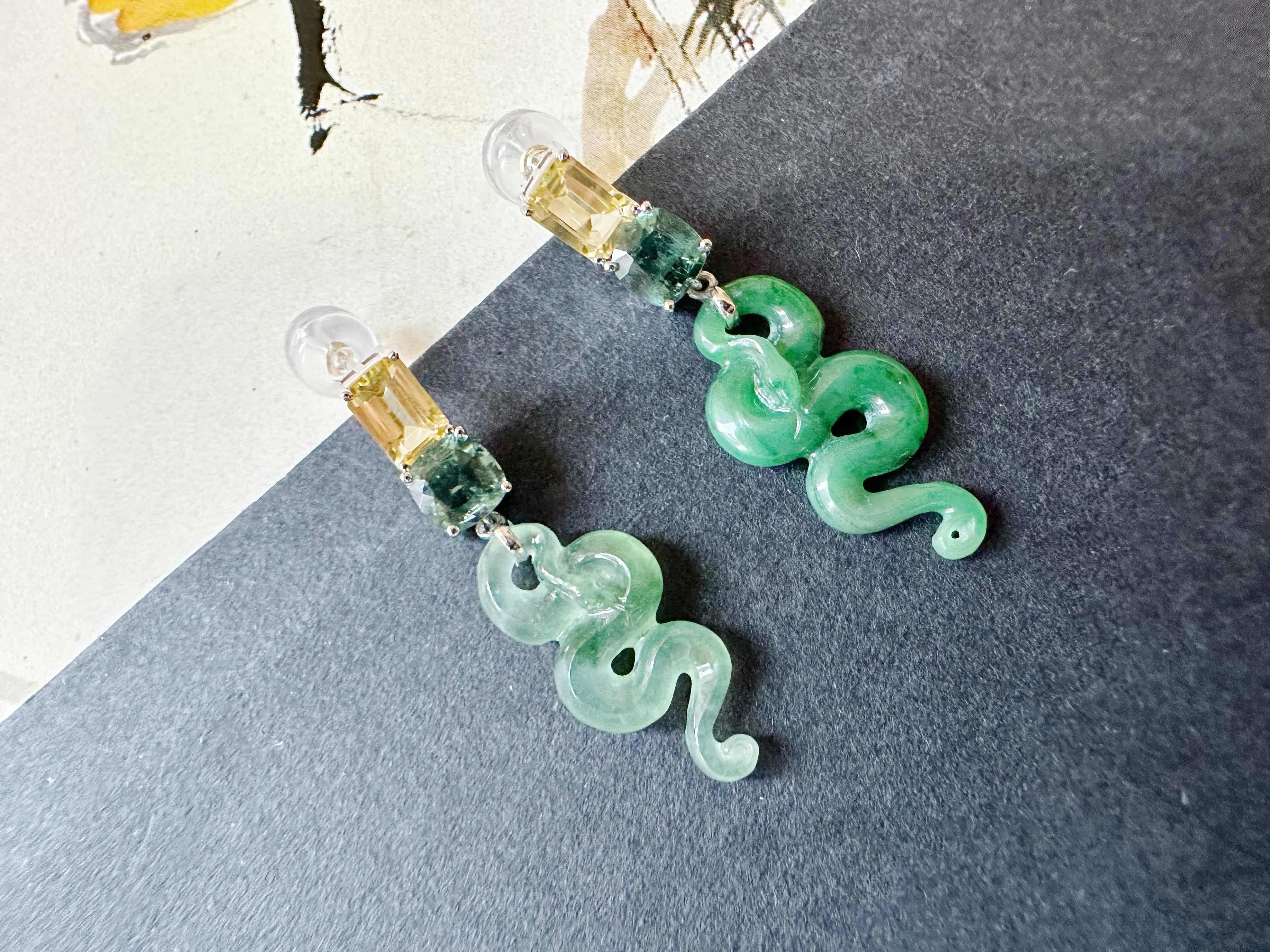 Certified Natural Myanmar Jade Snake Earrings in 18K White Gold with Sapphires For Sale 2
