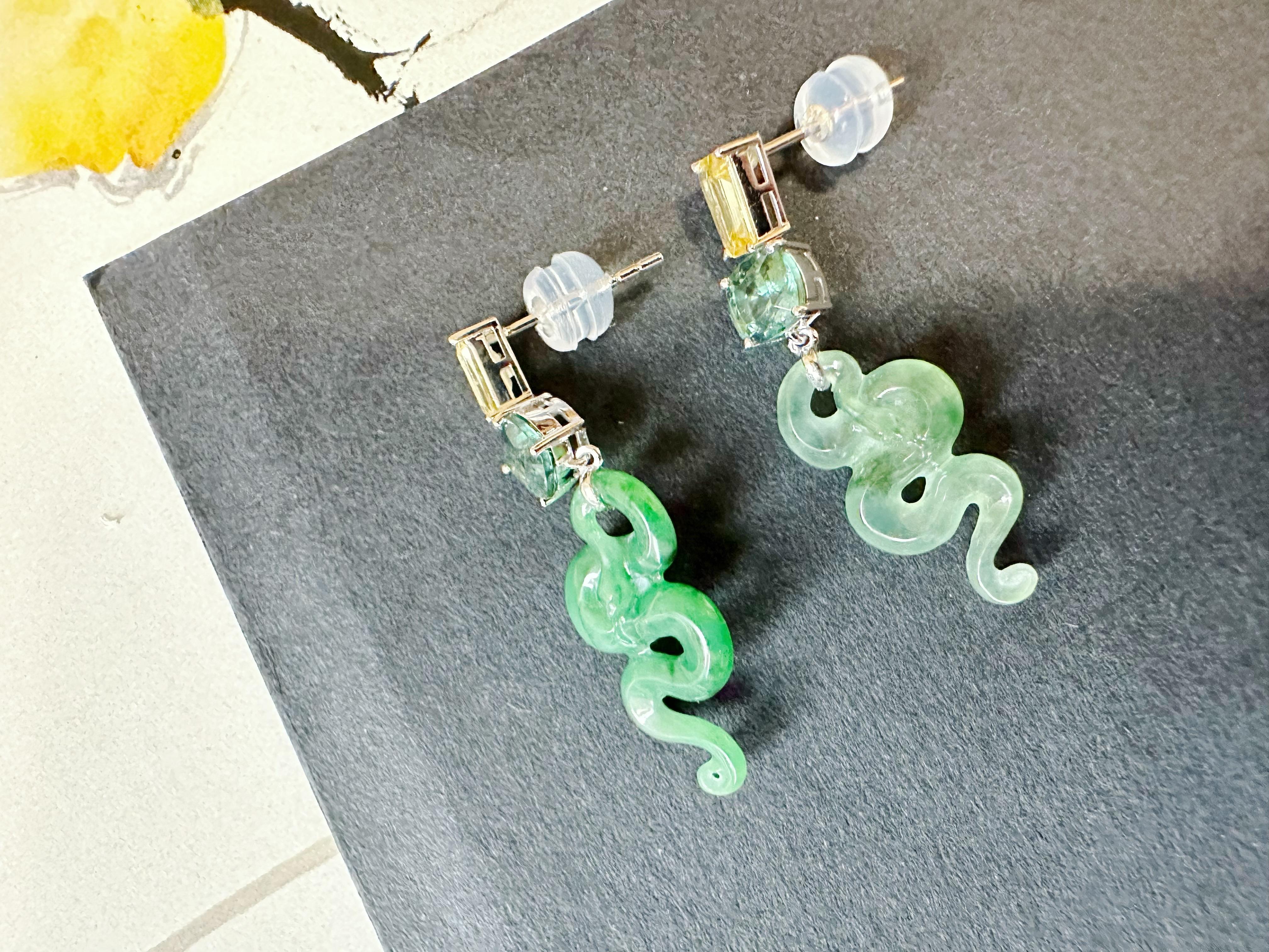 Certified Natural Myanmar Jade Snake Earrings in 18K White Gold with Sapphires For Sale 3
