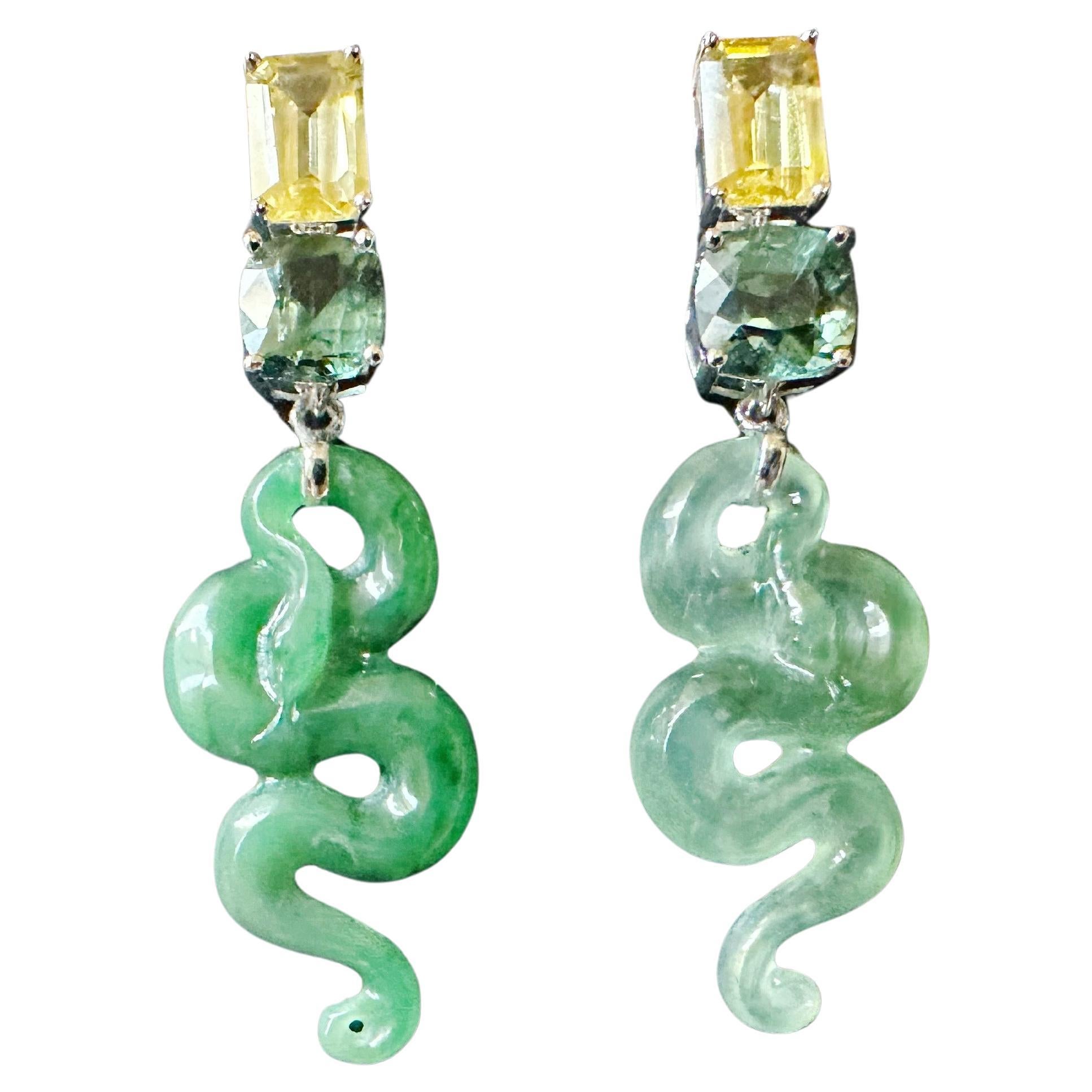 Certified Natural Myanmar Jade Snake Earrings in 18K White Gold with Sapphires
