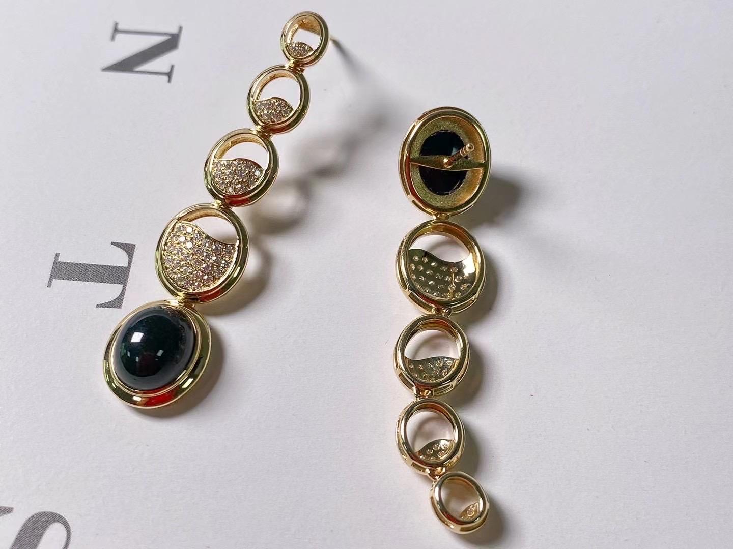 Art Deco Natural Myanmar Black Jadeite Earrings in 14K/18K Gold and Moissanites For Sale