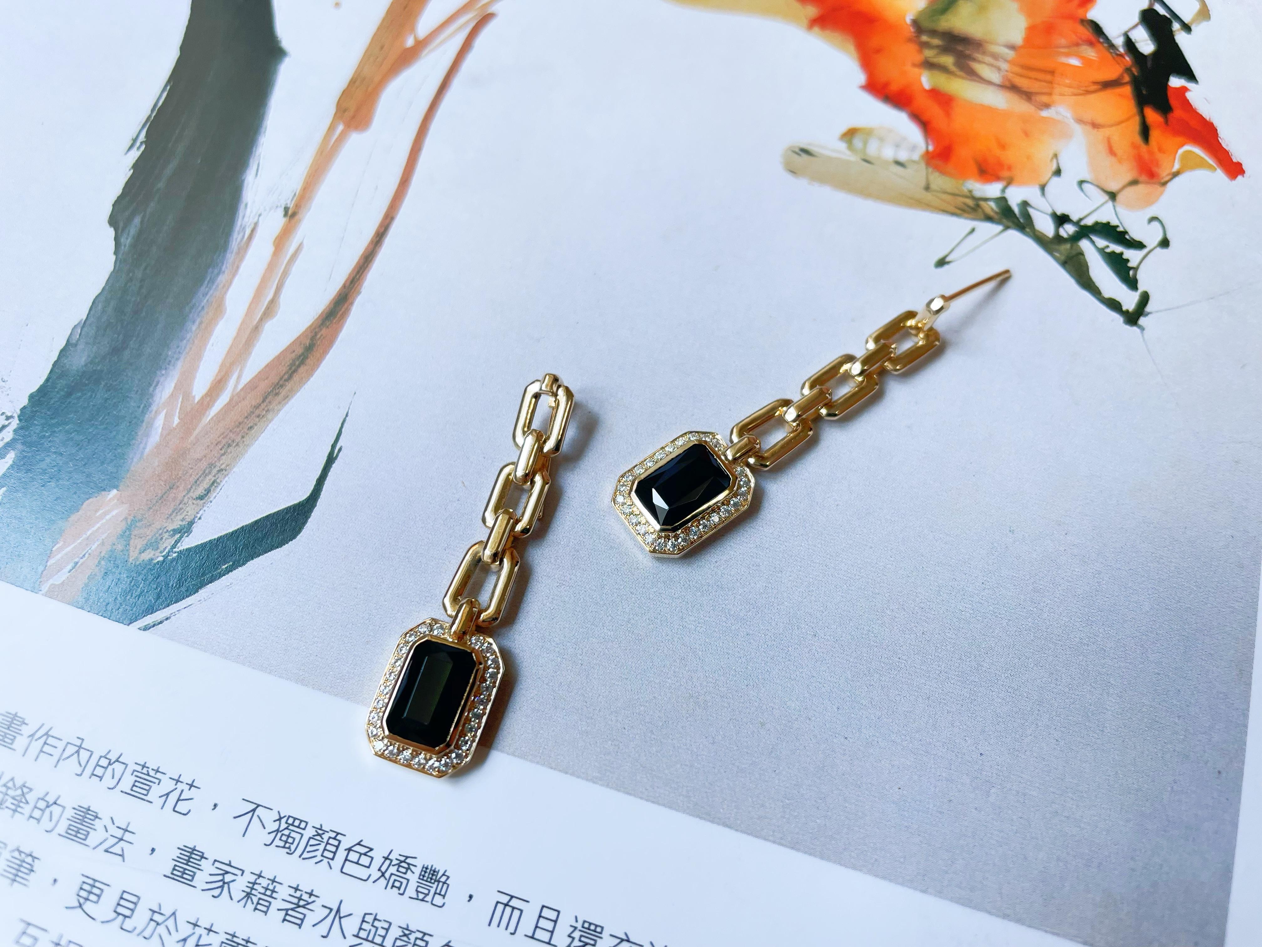 Natural Myanmar Black Spinel Chain Earrings, Jade Earrings in 14K/18K Gold For Sale 5