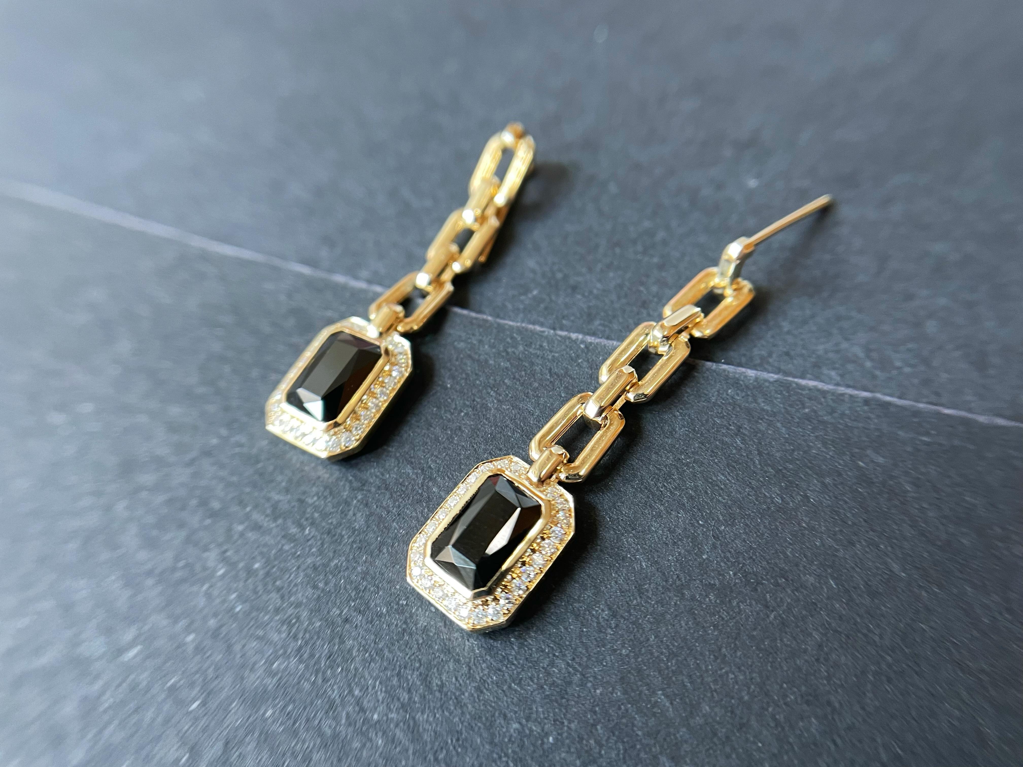 Art Deco Natural Myanmar Black Spinel Chain Earrings, Jade Earrings in 14K/18K Gold For Sale