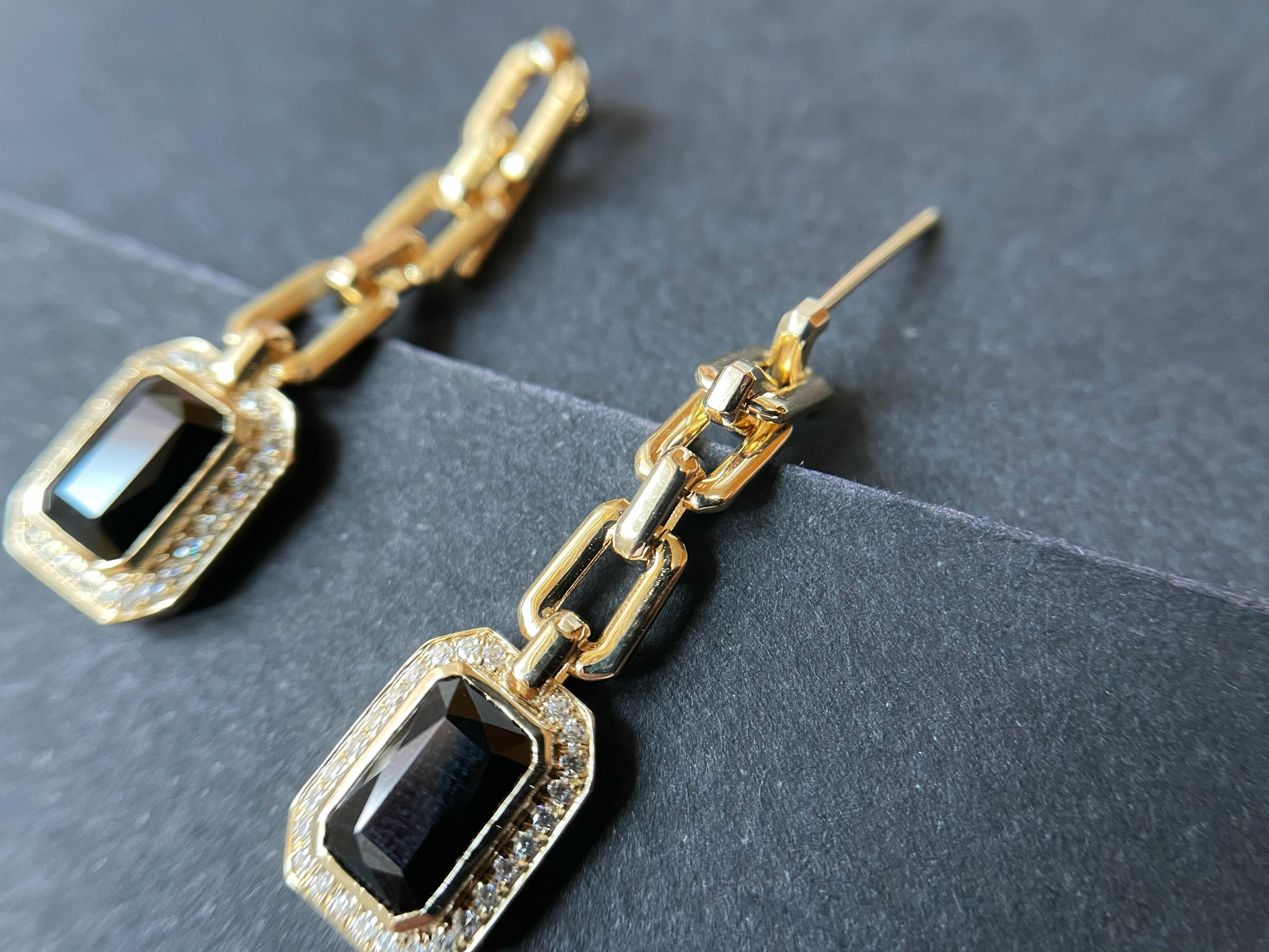 Natural Myanmar Black Spinel Chain Earrings, Jade Earrings in 14K/18K Gold For Sale 2