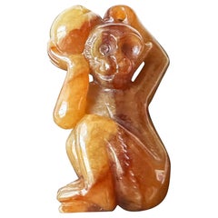 Natural Myanmar Brick Red Jade Pendant, Hand-Carved Monkey and Peach