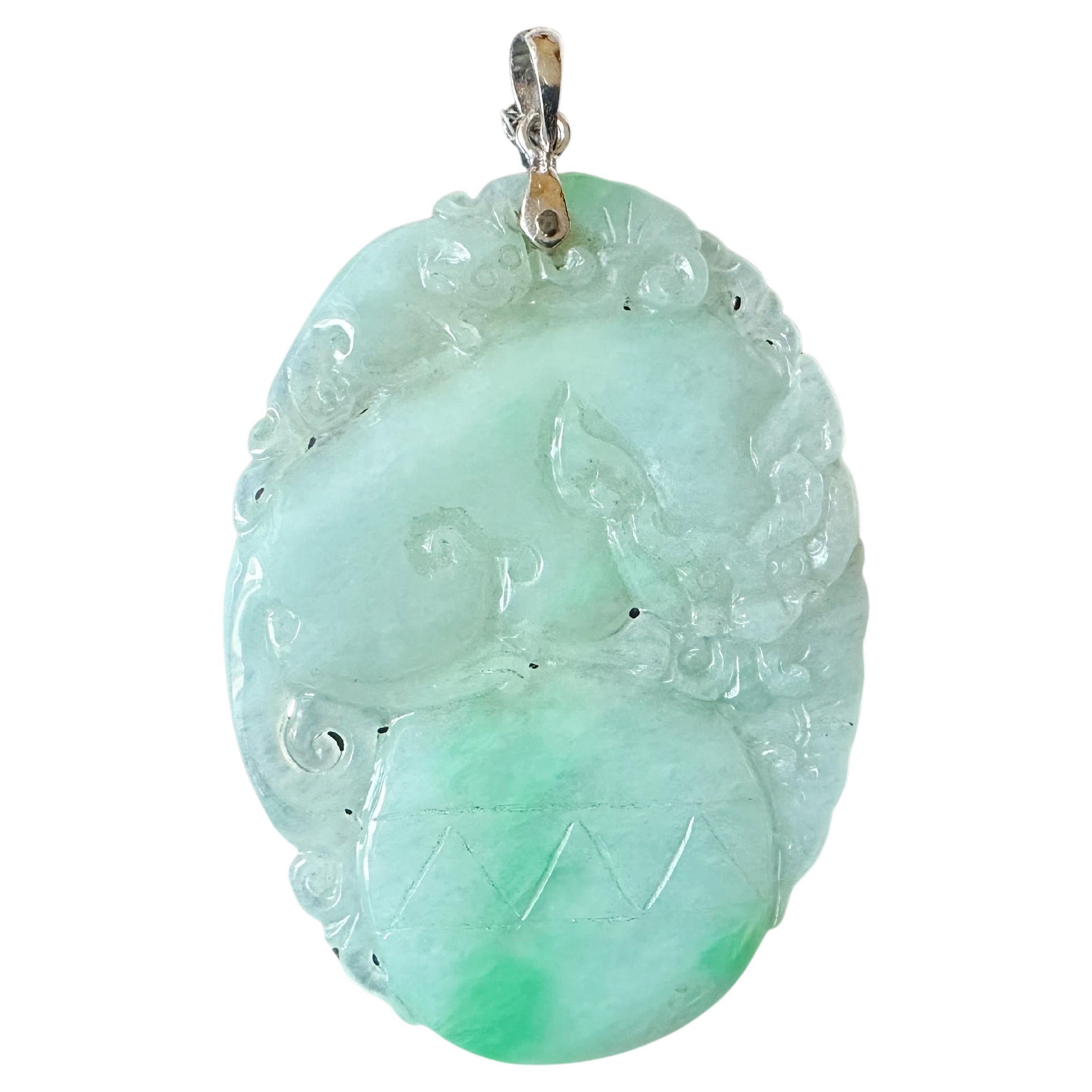 Natural Myanmar Bright Green Loong Jade Pendant with 18K Gold Bail
