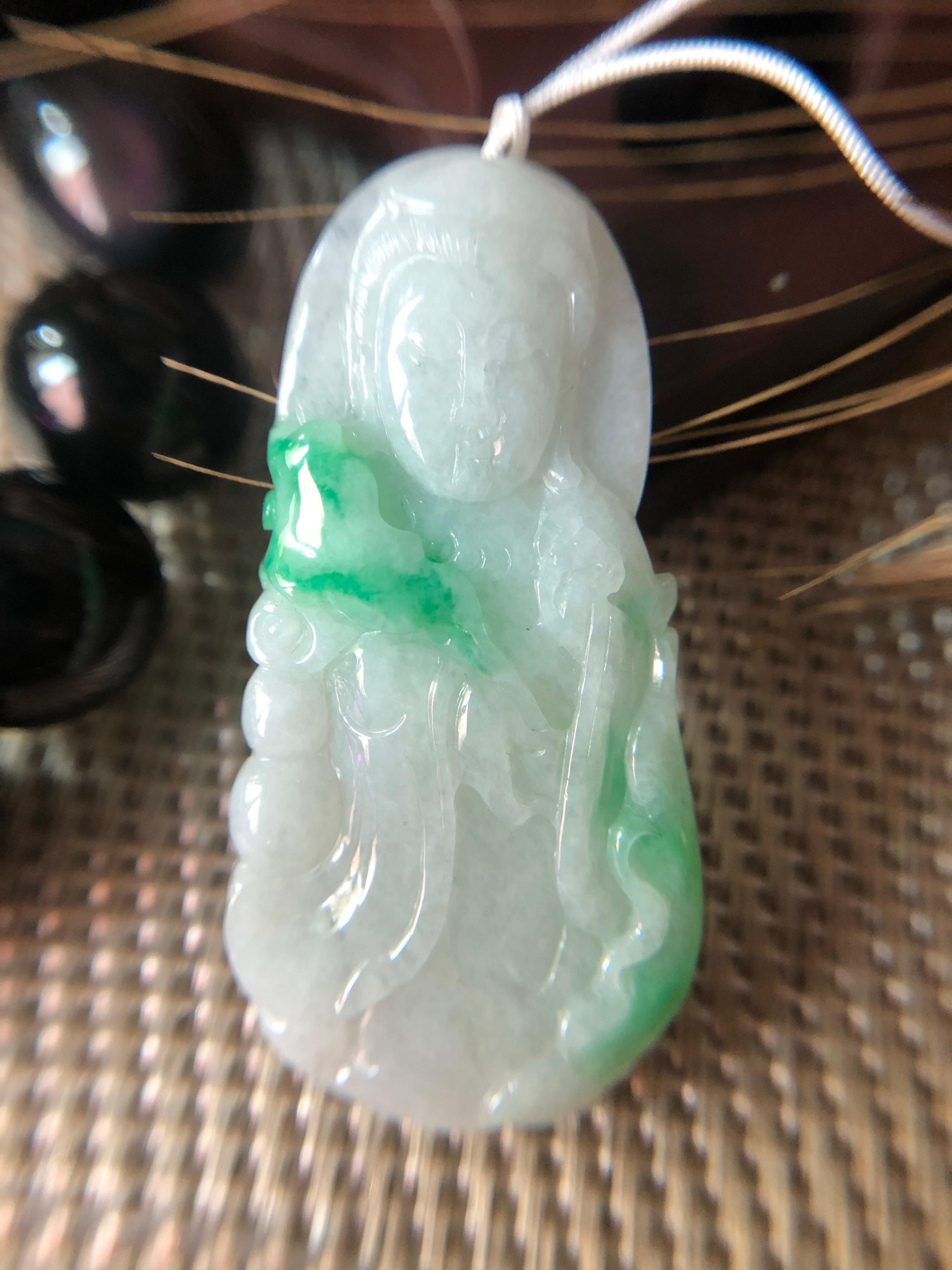 Natural Myanmar Buddha Guan Yin Green Loose Gemstone, Jade Pendant, Meditation For Sale 5