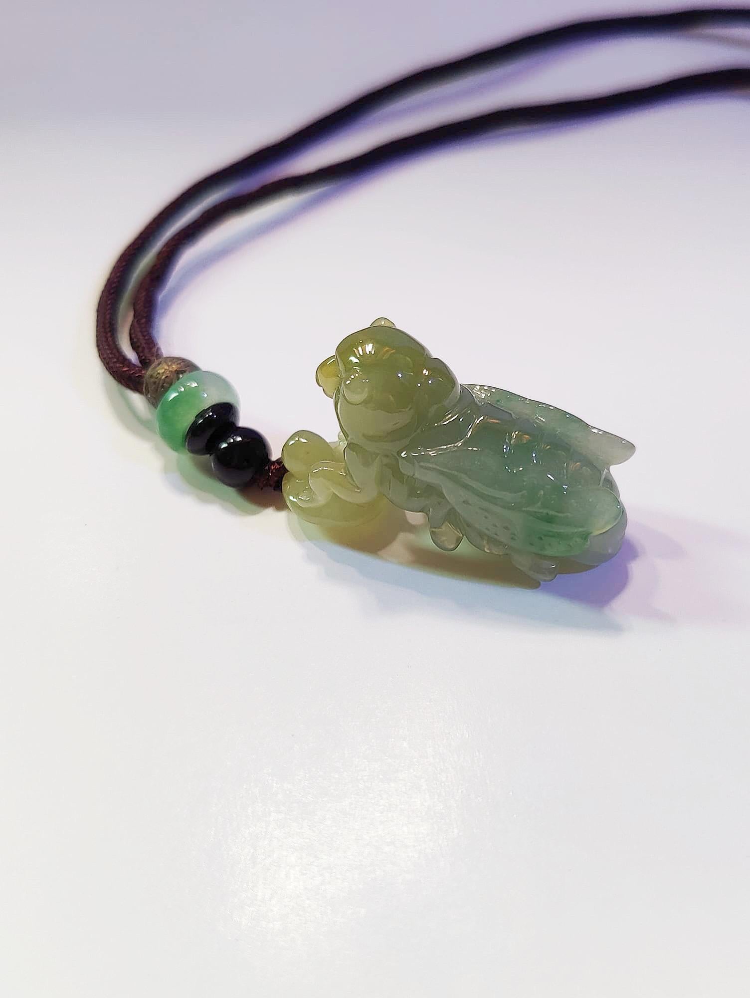Natural Myanmar Cicada Icy Type Jade Pendant, Tricolor Green Golden Yellow White For Sale 1