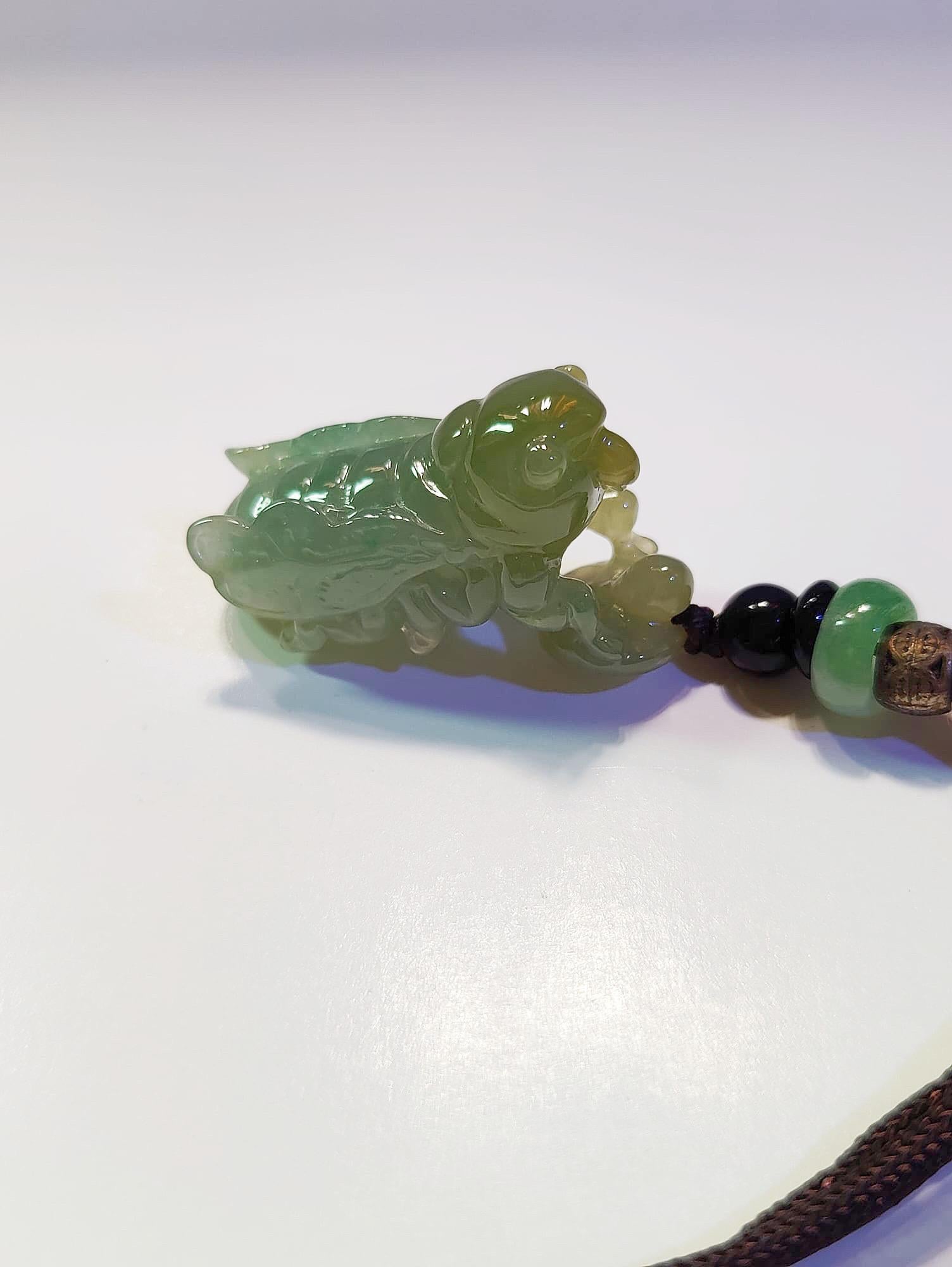 Natural Myanmar Cicada Icy Type Jade Pendant, Tricolor Green Golden Yellow White For Sale 3