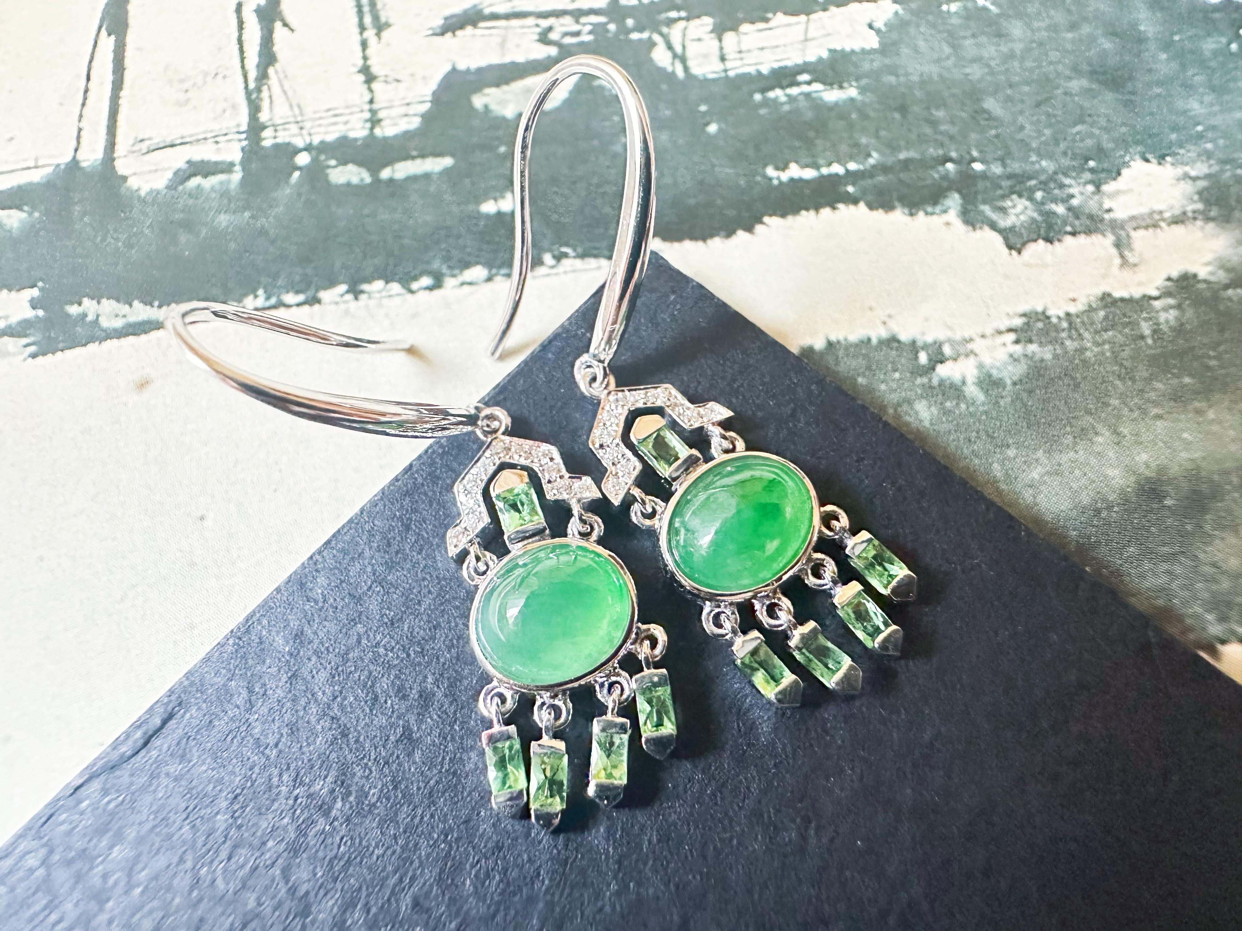 Natural Myanmar Green Jade Cabochon Earrings in 18K Gold, Diamond and Tsavorite For Sale 4