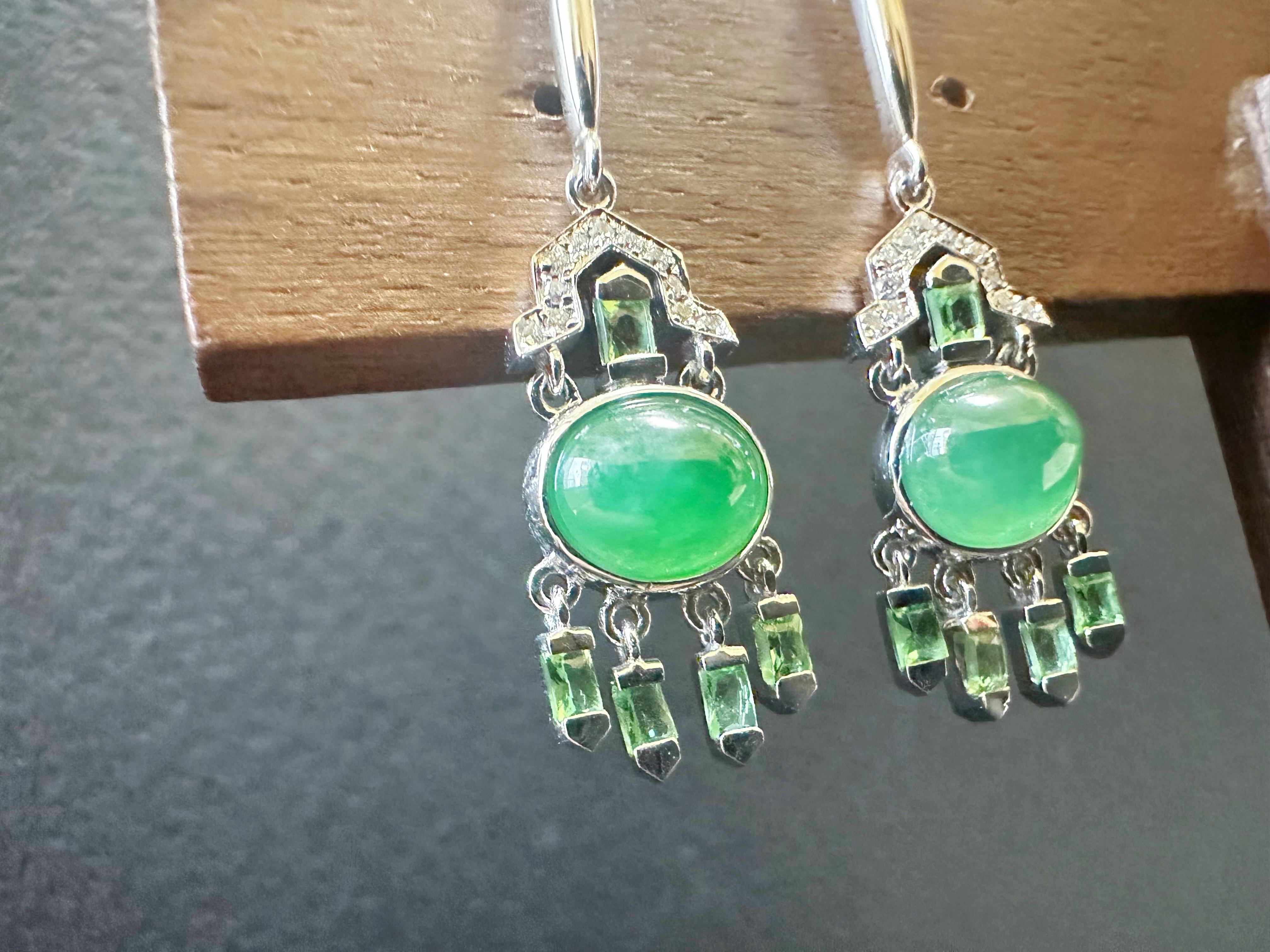 Natural Myanmar Green Jade Cabochon Earrings in 18K Gold, Diamond and Tsavorite For Sale 5