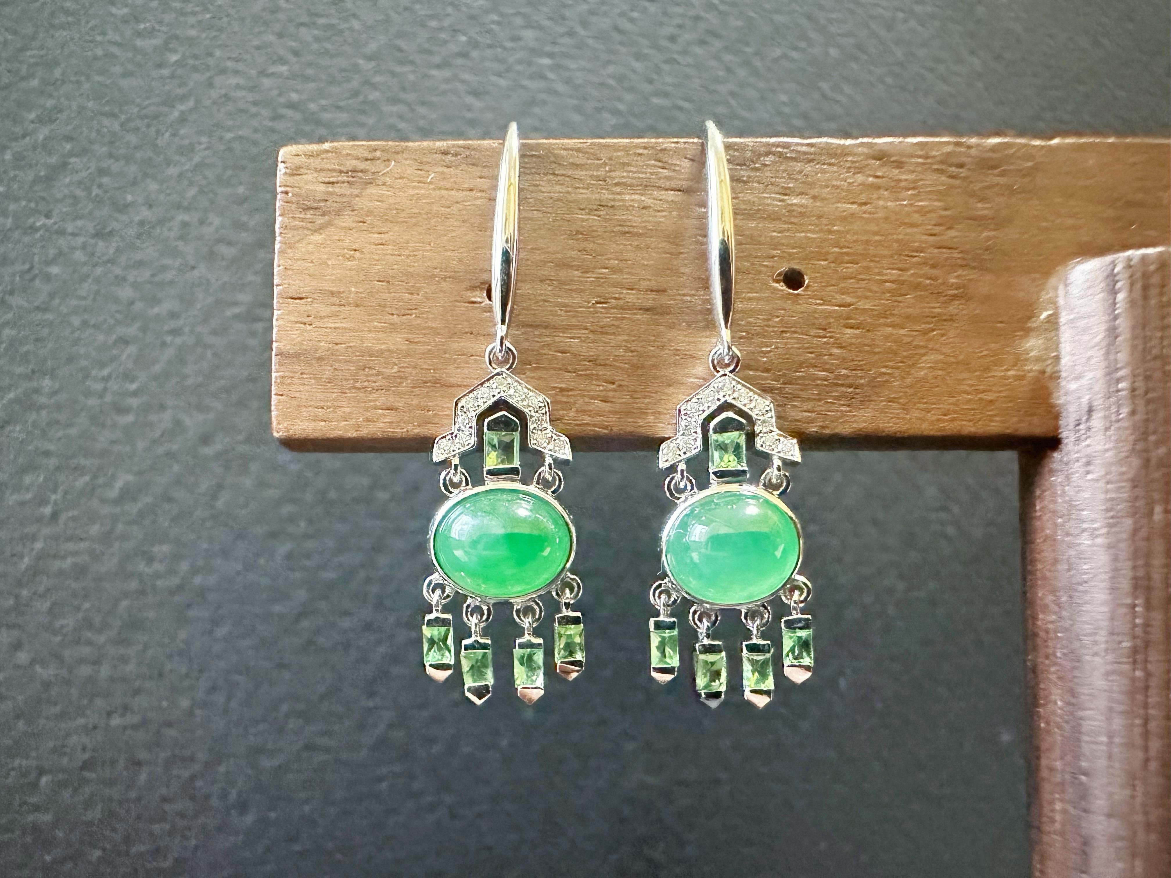 Natural Myanmar Green Jade Cabochon Earrings in 18K Gold, Diamond and Tsavorite For Sale 7