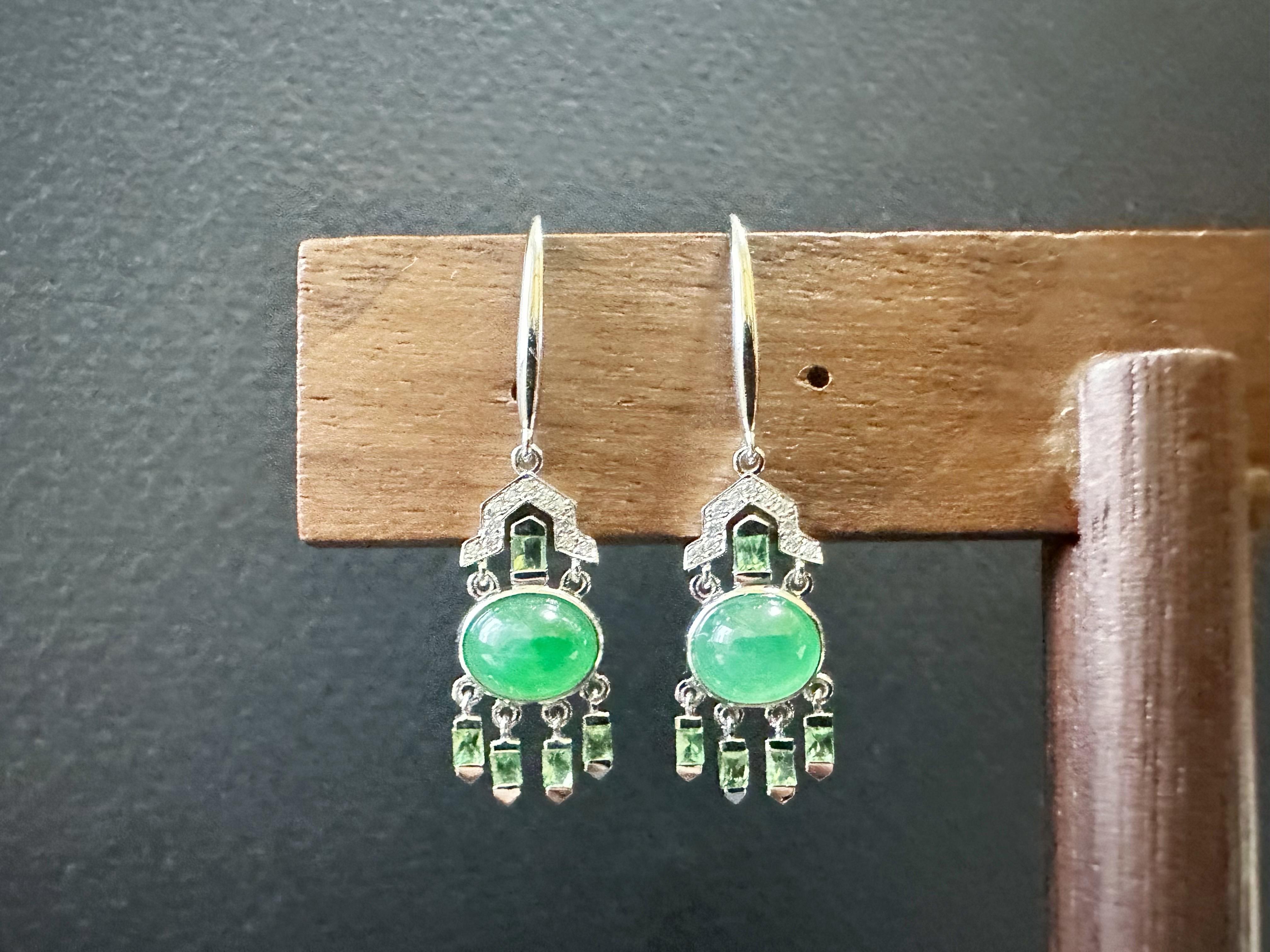 Natural Myanmar Green Jade Cabochon Earrings in 18K Gold, Diamond and Tsavorite For Sale 8