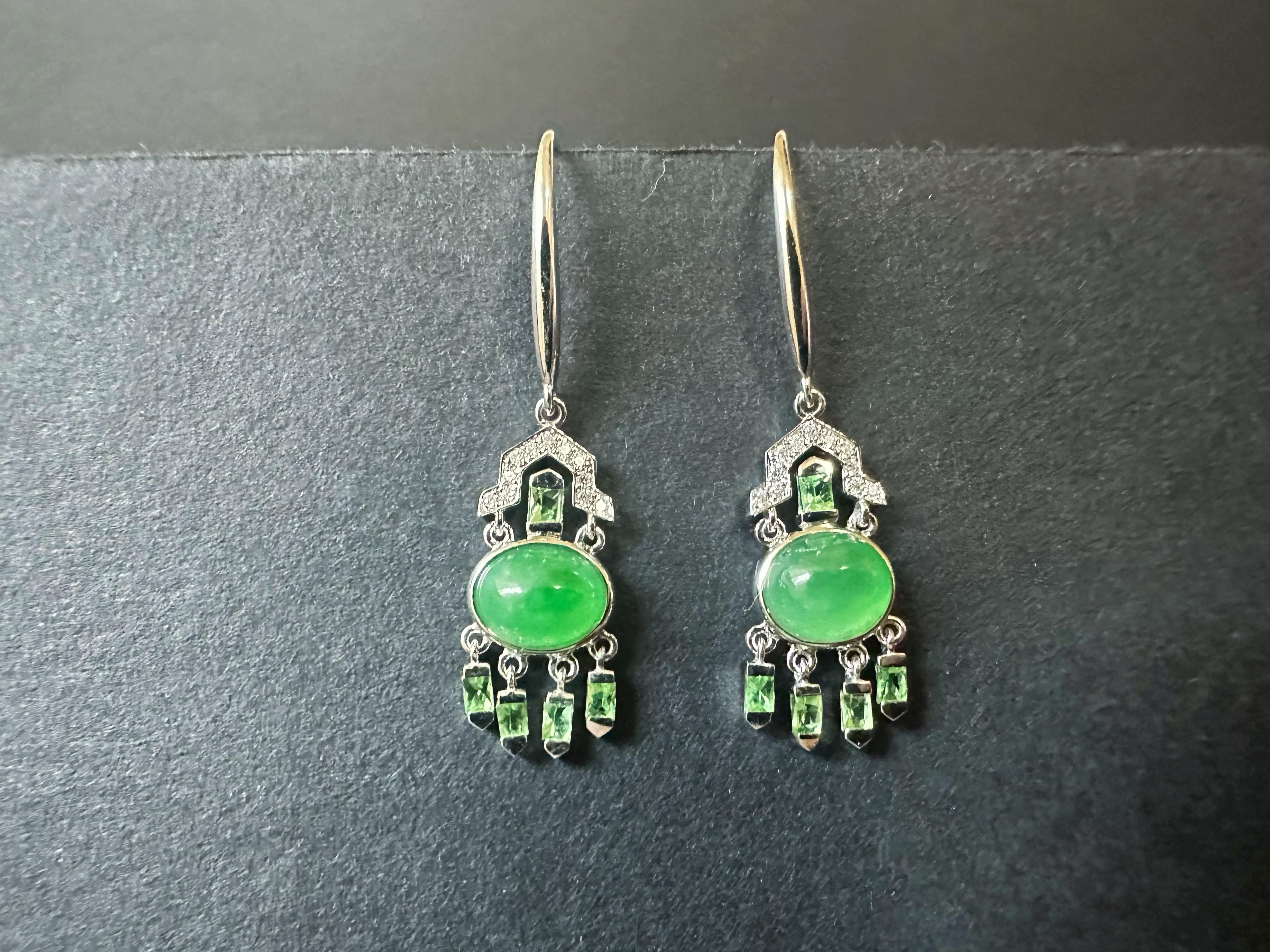 Natural Myanmar Green Jade Cabochon Earrings in 18K Gold, Diamond and Tsavorite For Sale 9