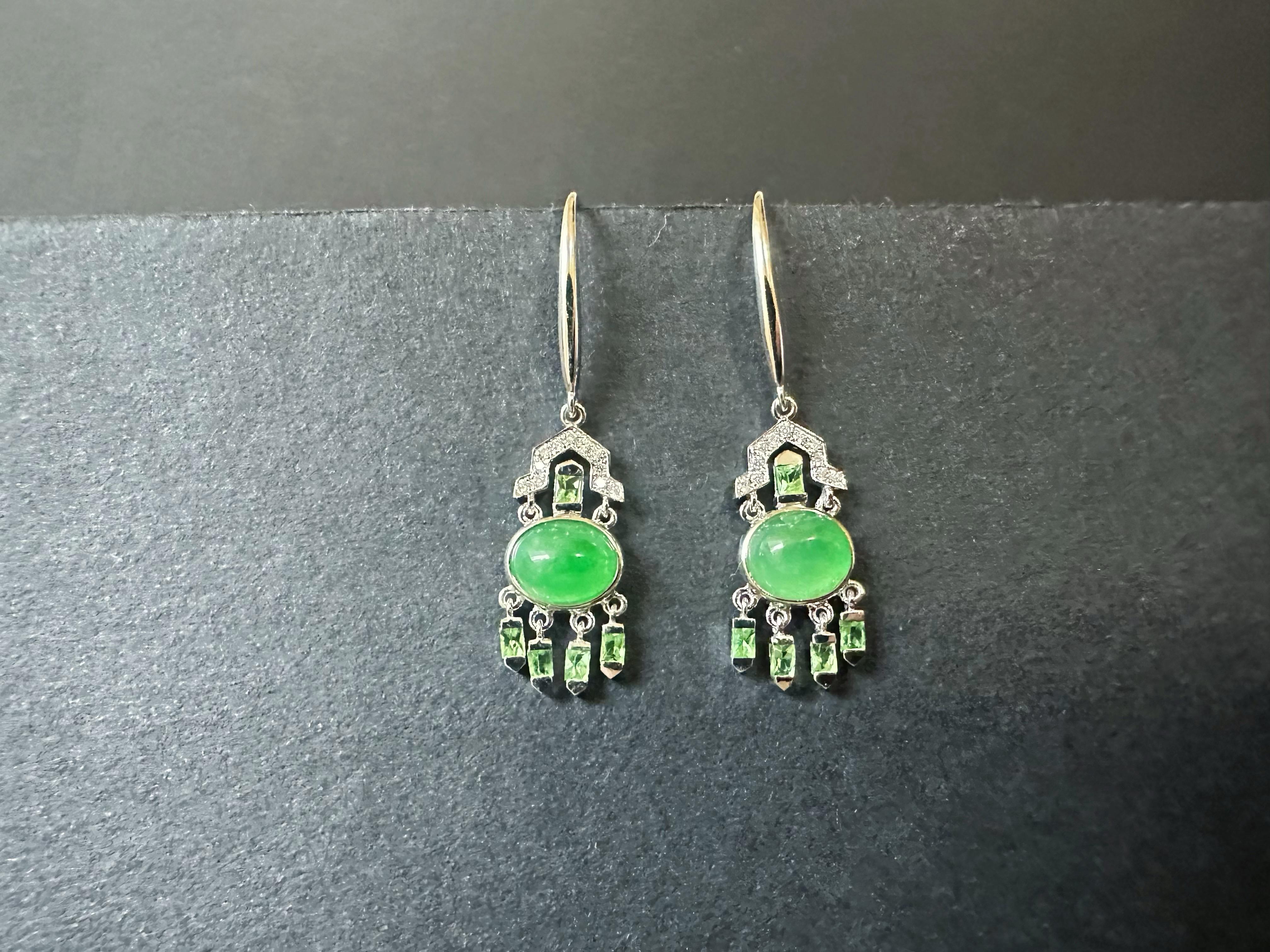 Natural Myanmar Green Jade Cabochon Earrings in 18K Gold, Diamond and Tsavorite For Sale 10