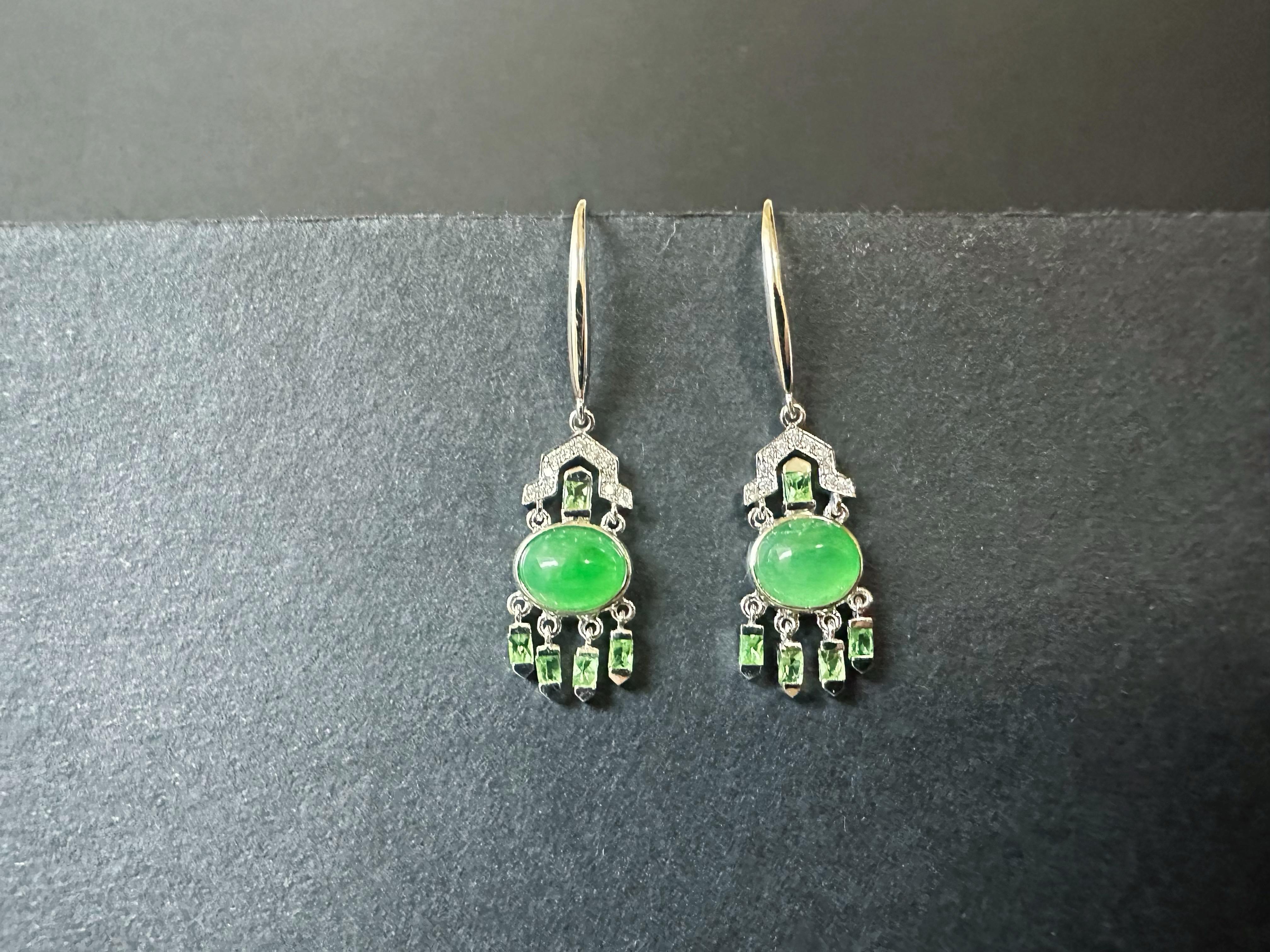Natural Myanmar Green Jade Cabochon Earrings in 18K Gold, Diamond and Tsavorite For Sale 11
