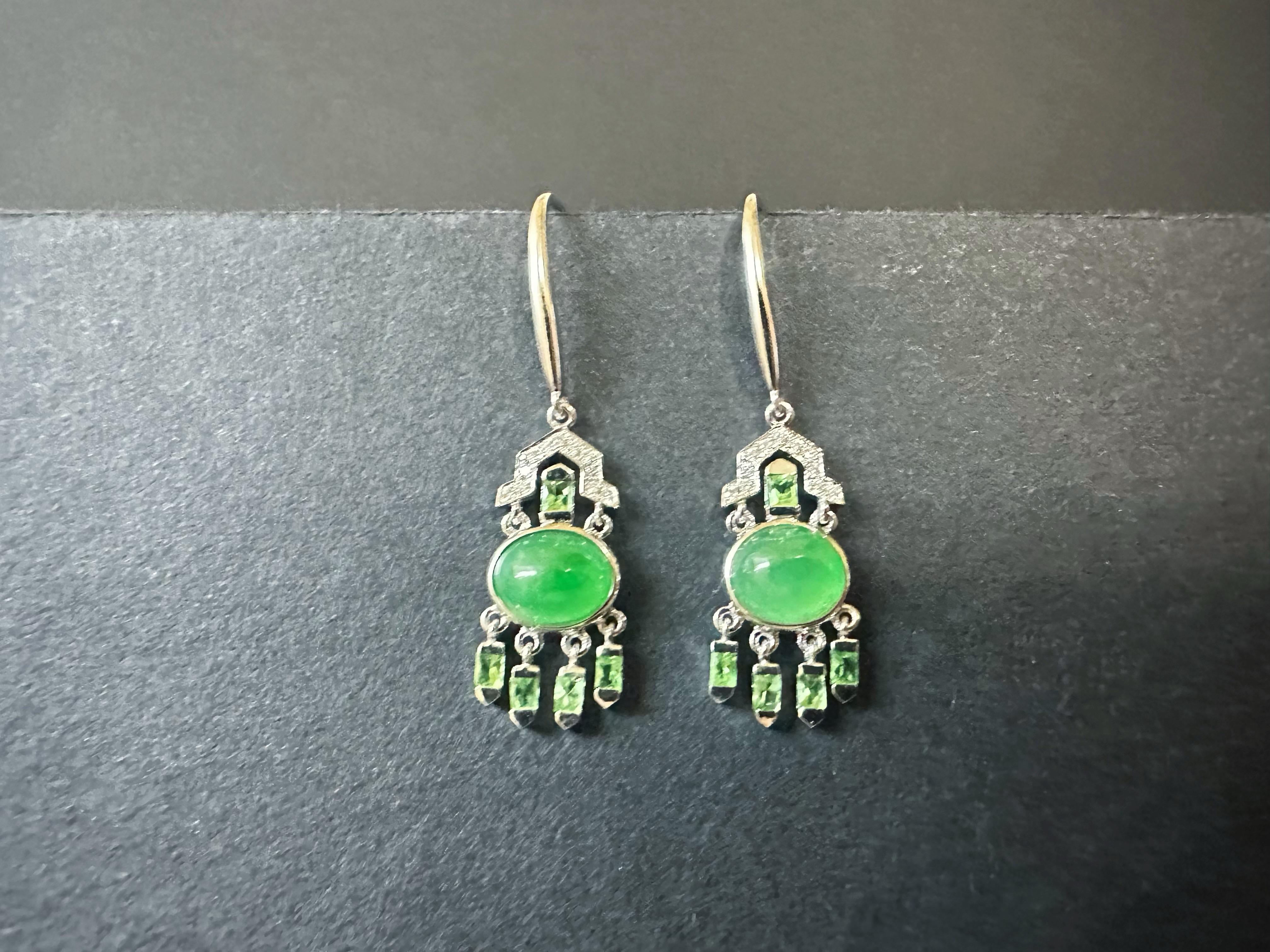 Natural Myanmar Green Jade Cabochon Earrings in 18K Gold, Diamond and Tsavorite For Sale 12