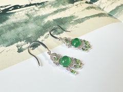 Natural Myanmar Green Jade Cabochon Earrings in 18K Gold, Diamond and Tsavorite