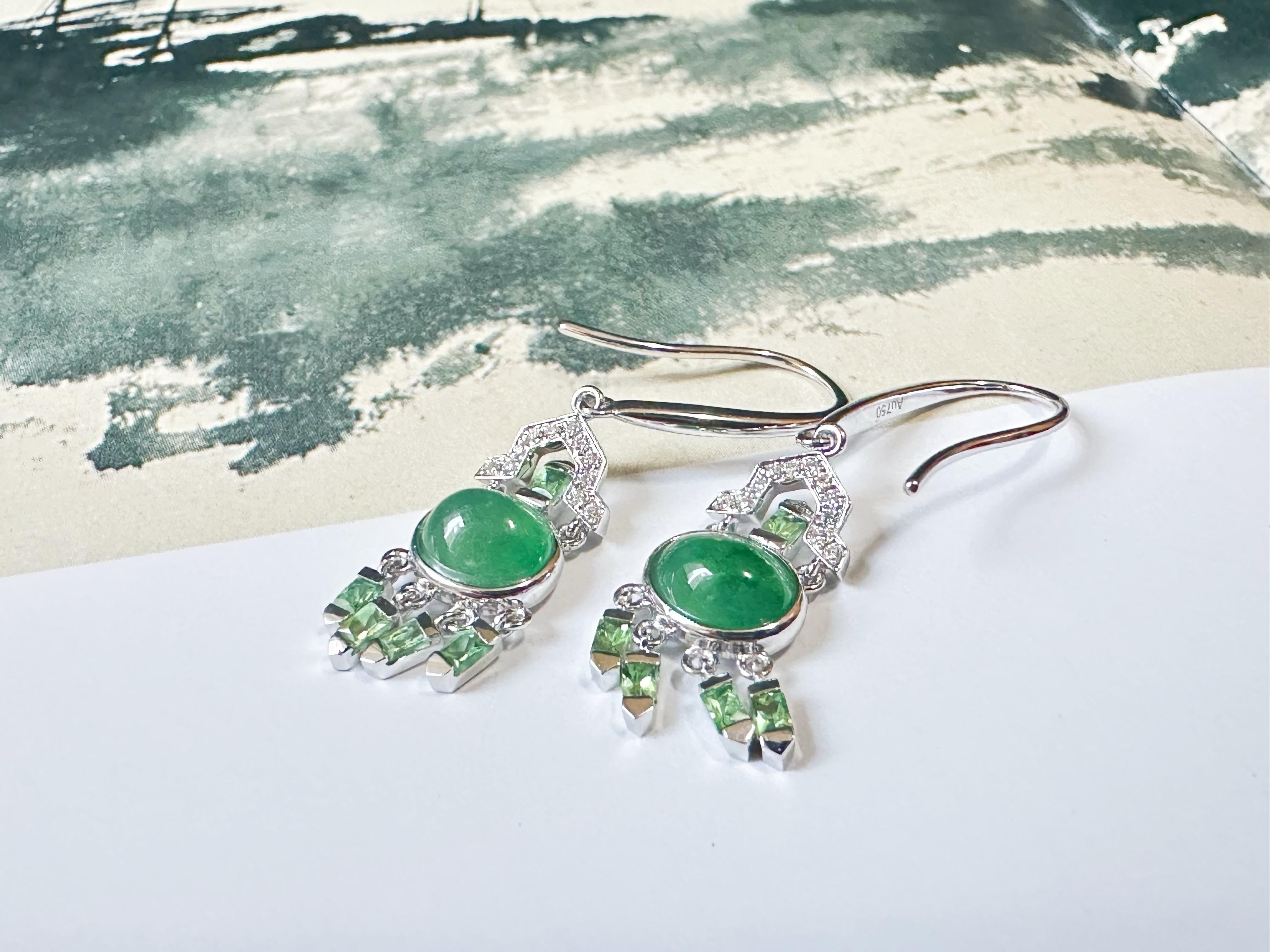 Art Deco Natural Myanmar Green Jade Cabochon Earrings in 18K Gold, Diamond and Tsavorite For Sale
