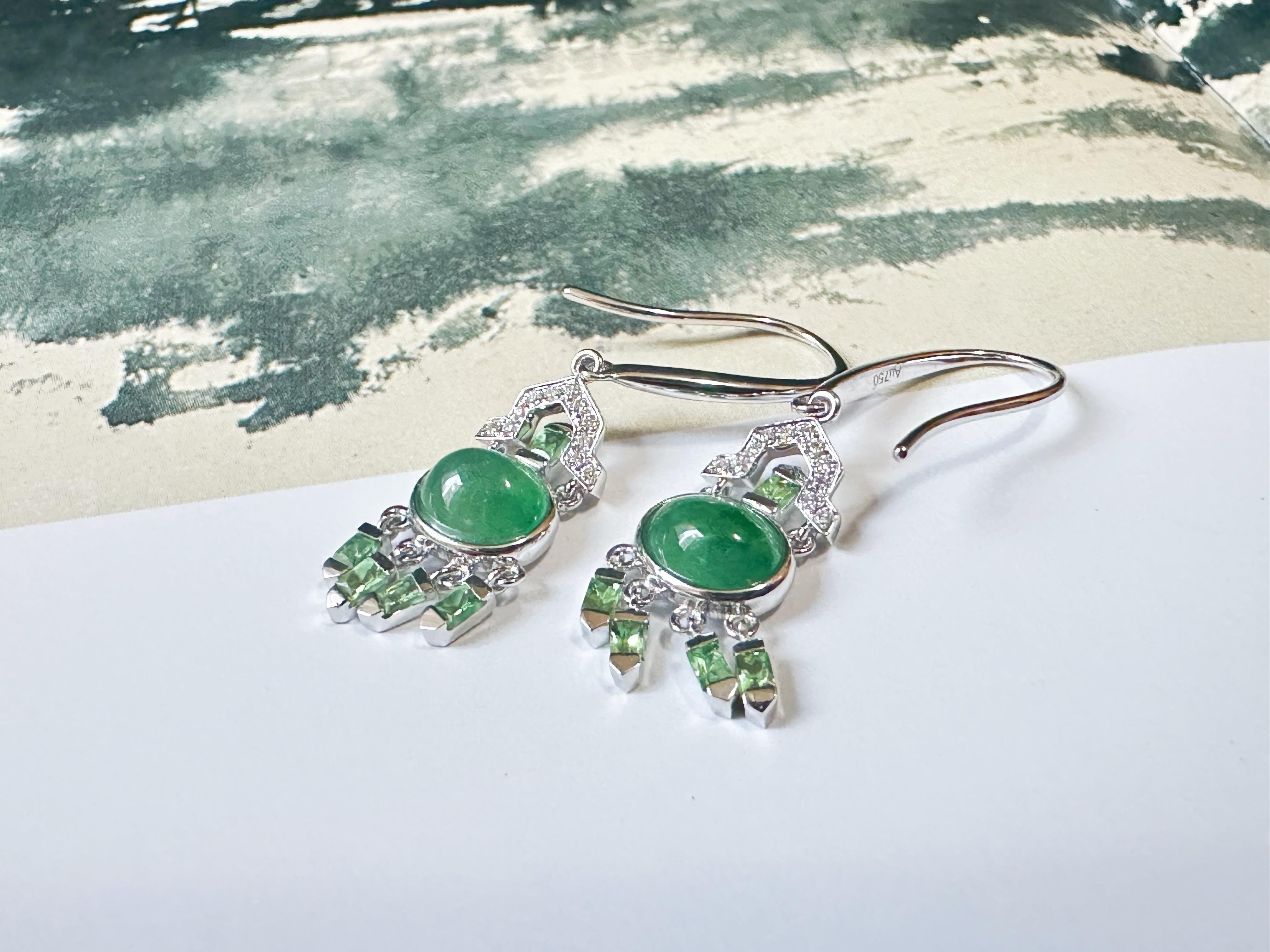 Oval Cut Natural Myanmar Green Jade Cabochon Earrings in 18K Gold, Diamond and Tsavorite For Sale