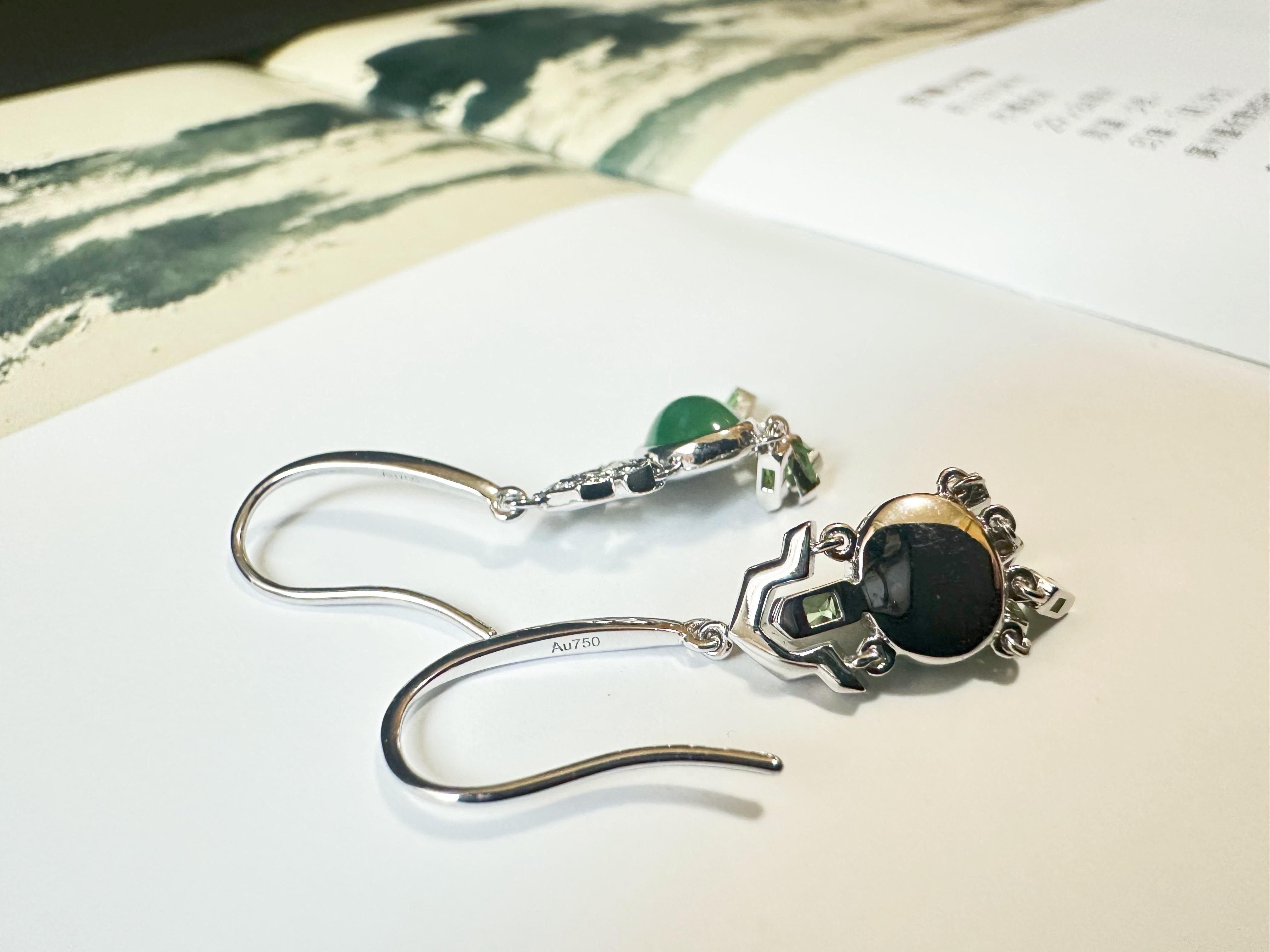 Women's or Men's Natural Myanmar Green Jade Cabochon Earrings in 18K Gold, Diamond and Tsavorite For Sale