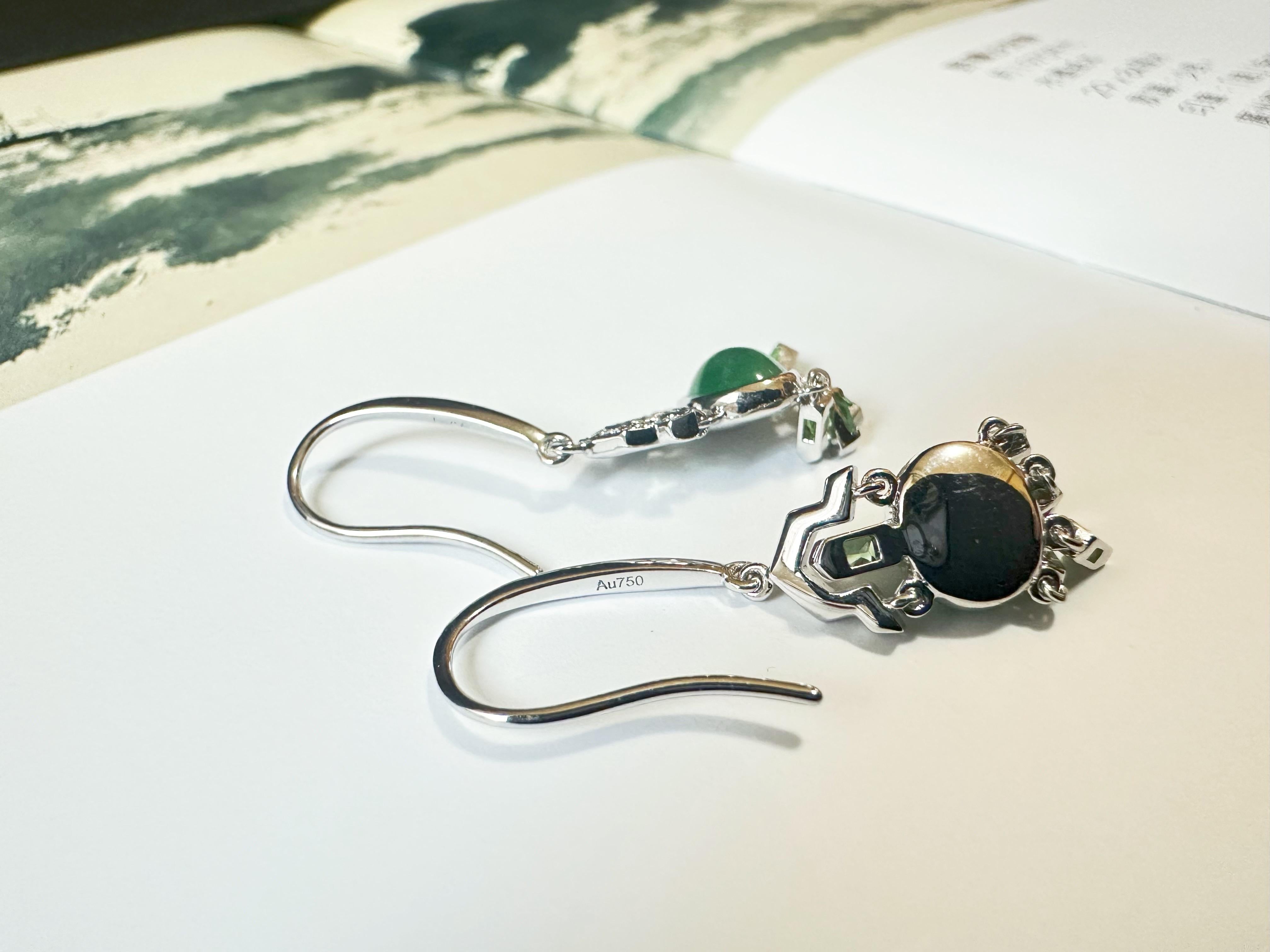 Natural Myanmar Green Jade Cabochon Earrings in 18K Gold, Diamond and Tsavorite For Sale 1