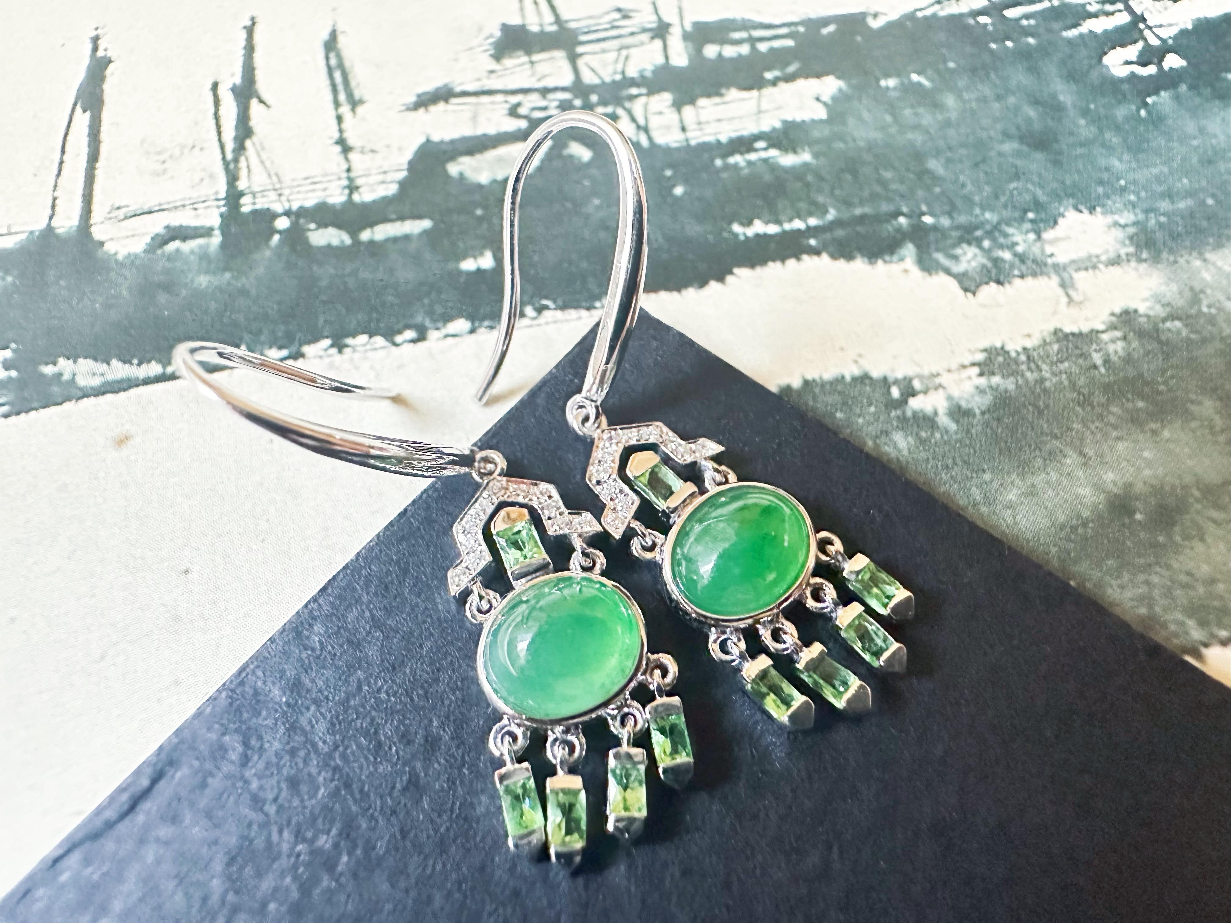 Natural Myanmar Green Jade Cabochon Earrings in 18K Gold, Diamond and Tsavorite For Sale 3
