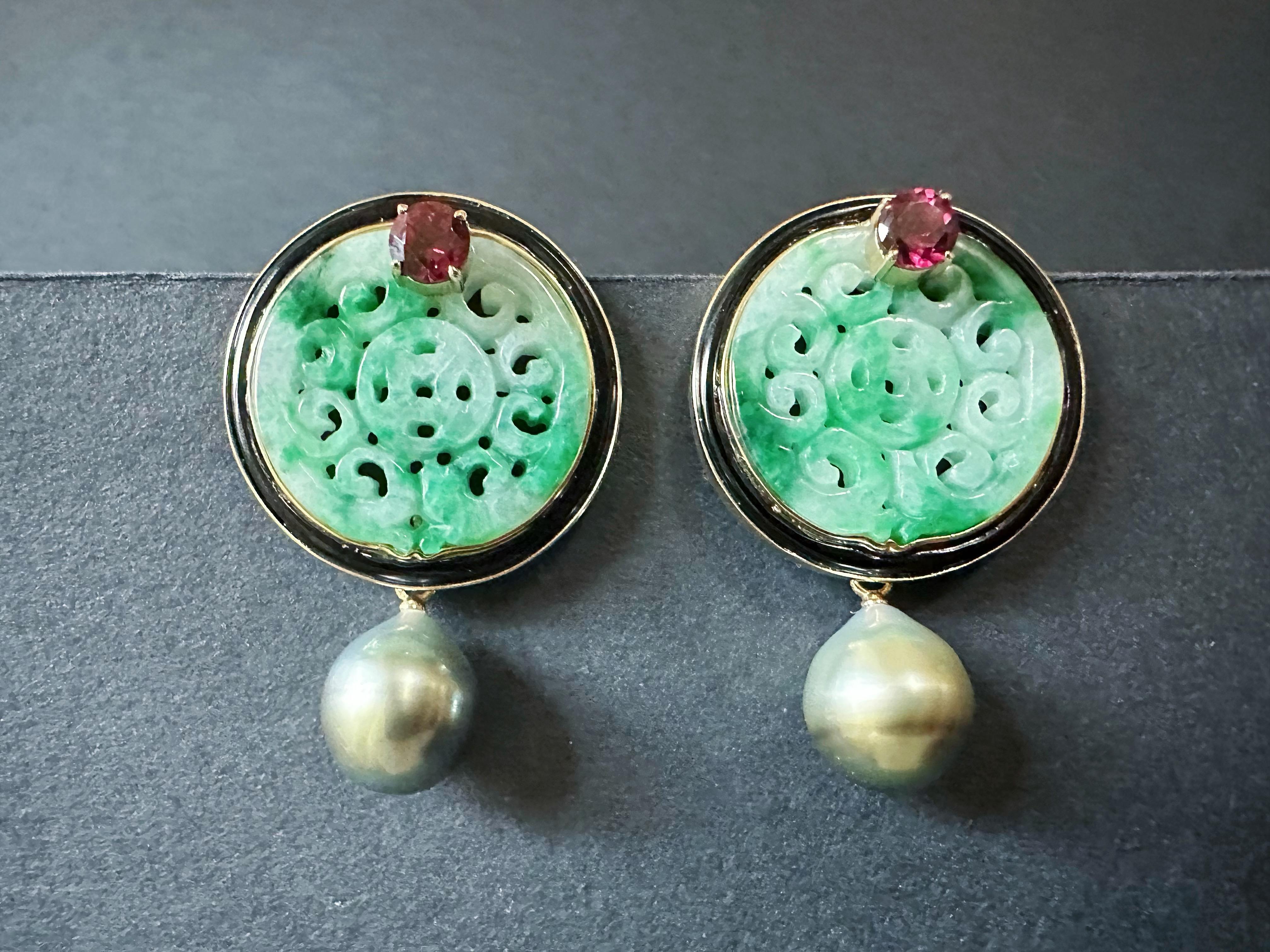 Art Deco Natural Myanmar Green Jade Carved Earrings in 18K Gold and Black Agate & Pearl For Sale