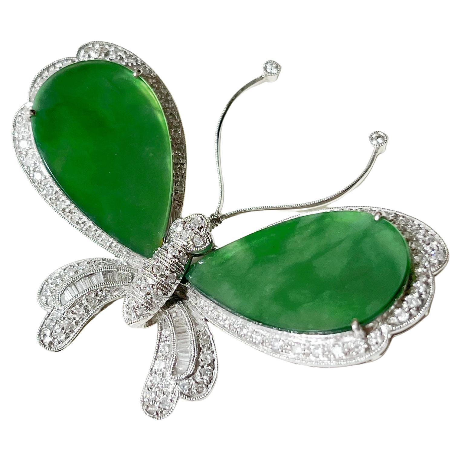 Natural Myanmar Green Jadeite Butterfly Brooch and Pendant with Diamond  For Sale