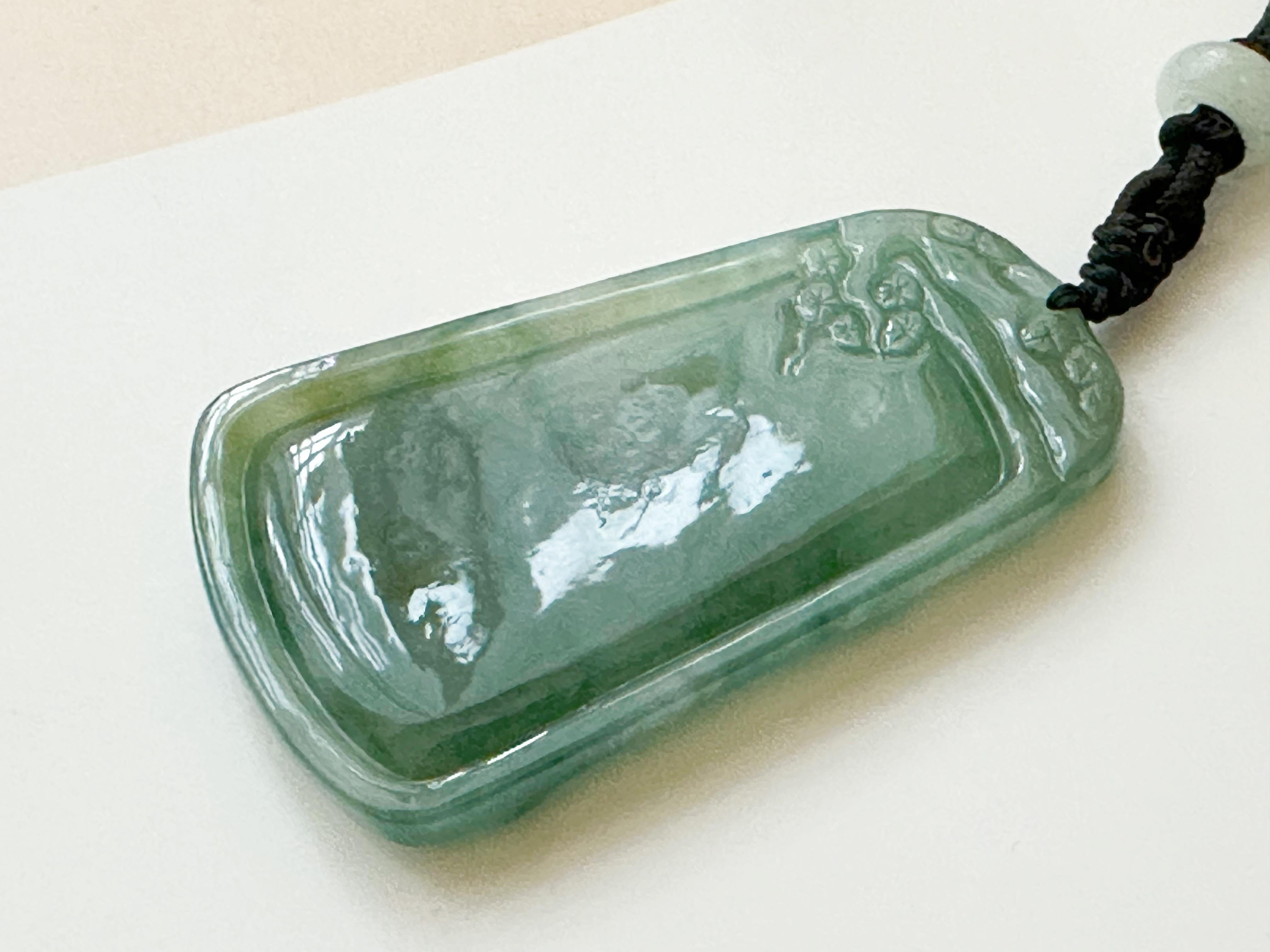 Old Mine Cut Natural Myanmar Hand Carved Teal Green Icy Type Tiger Jadeite Pendant For Sale
