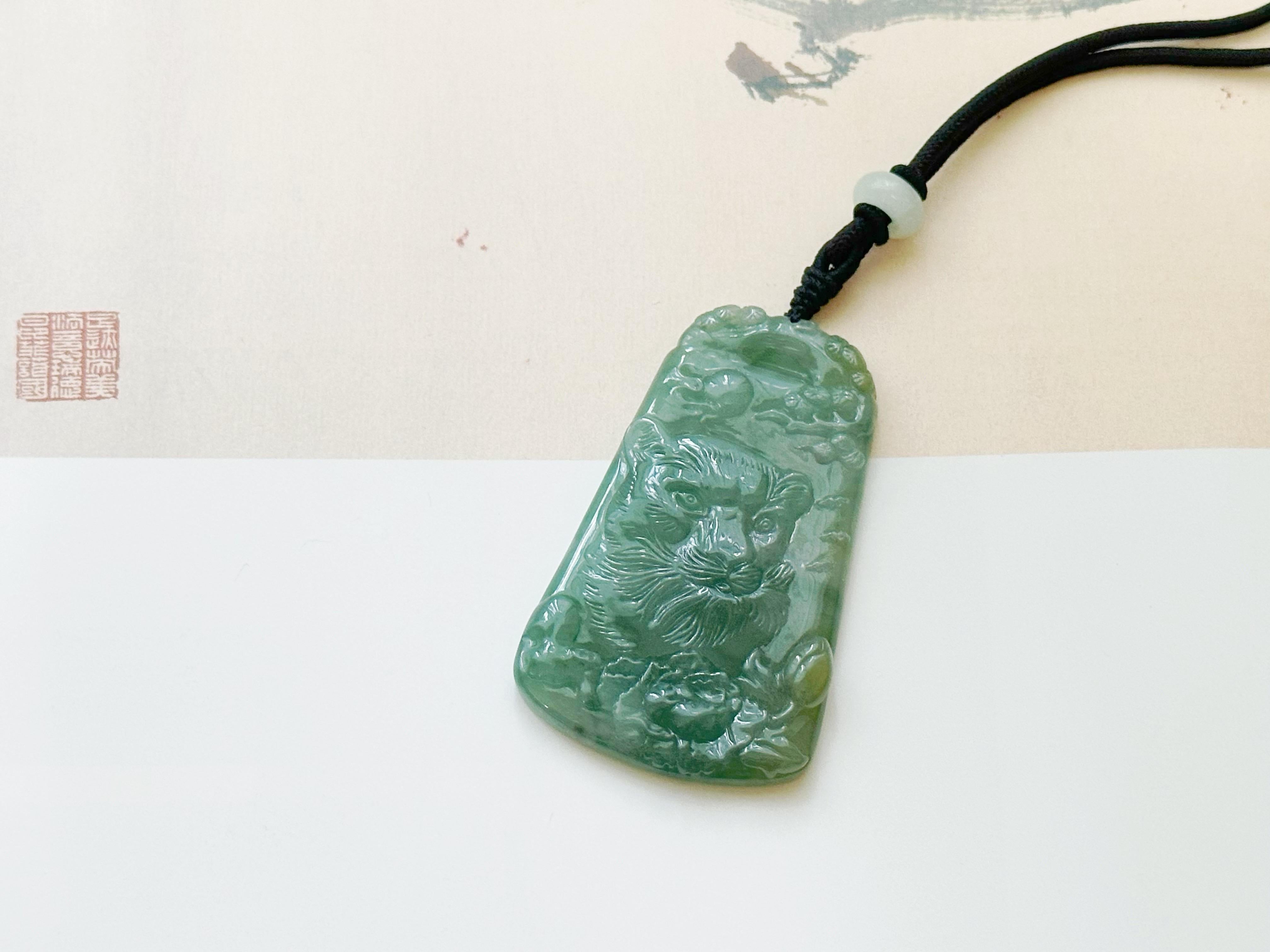 Natural Myanmar Hand Carved Teal Green Icy Type Tiger Jadeite Pendant For Sale 2