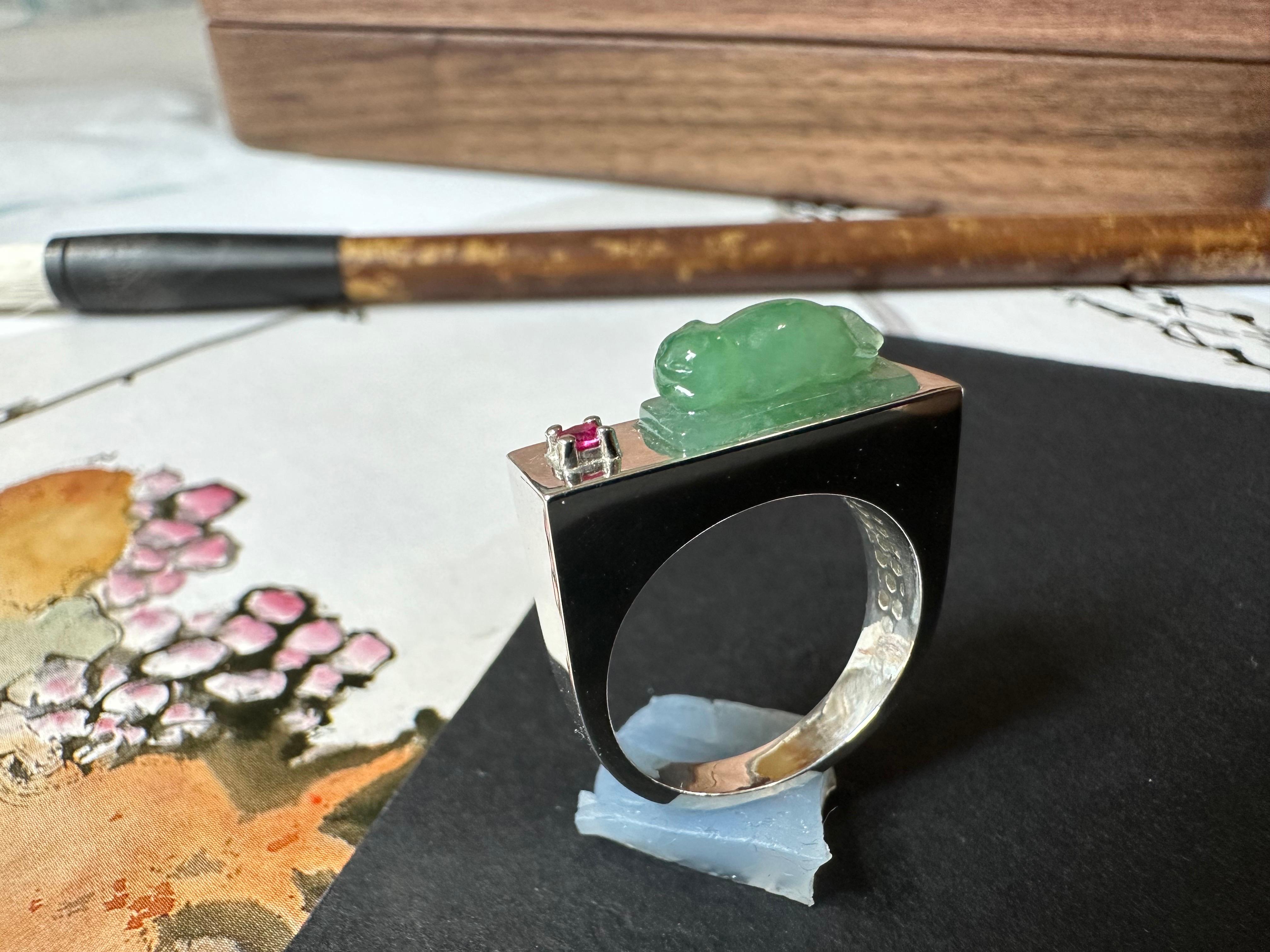 Certified Natural Myanmar Handcrafted Cat Icy Green Jade 925 Silver Ring For Sale 5