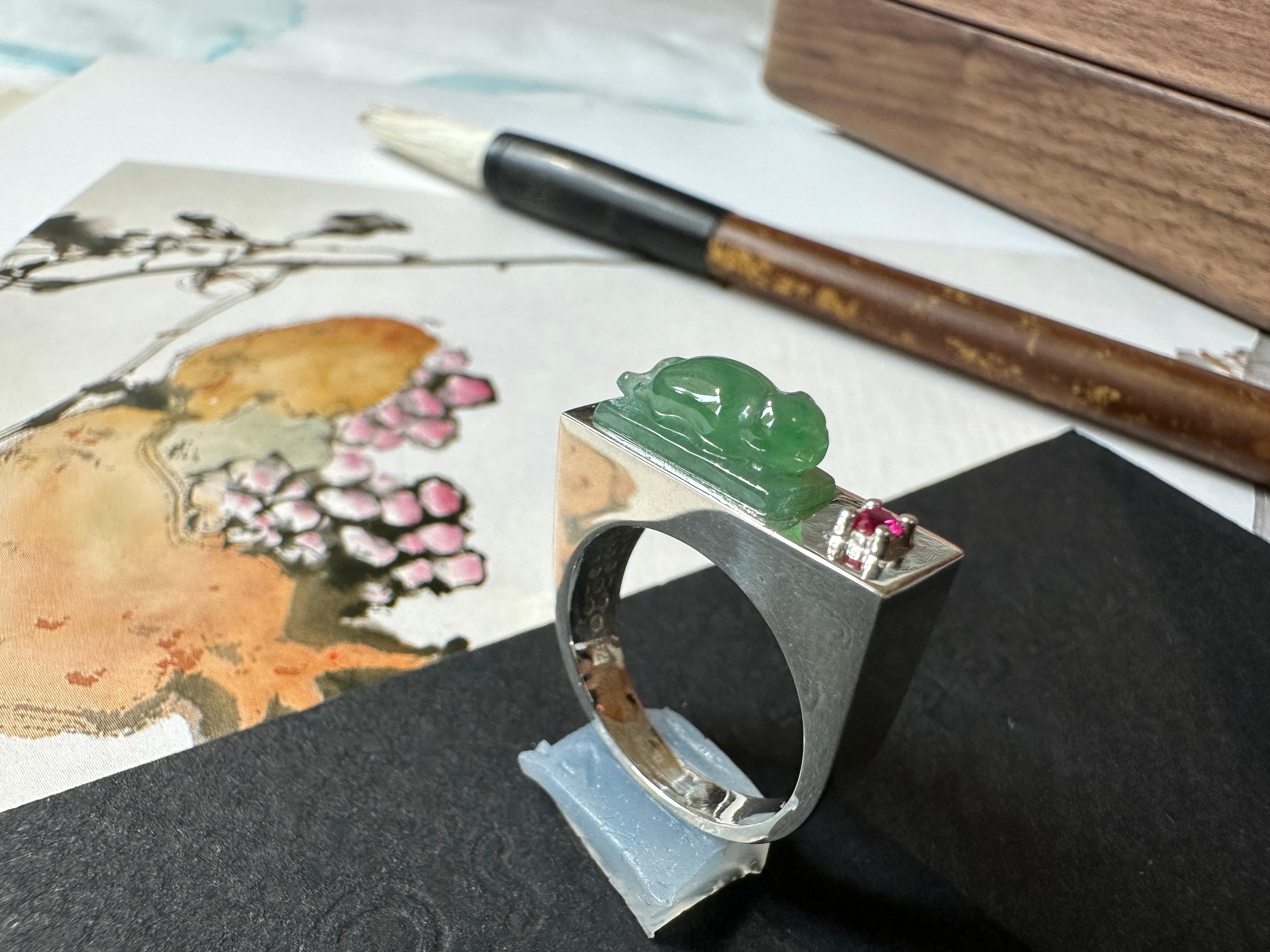 Certified Natural Myanmar Handcrafted Cat Icy Green Jade 925 Silver Ring For Sale 6