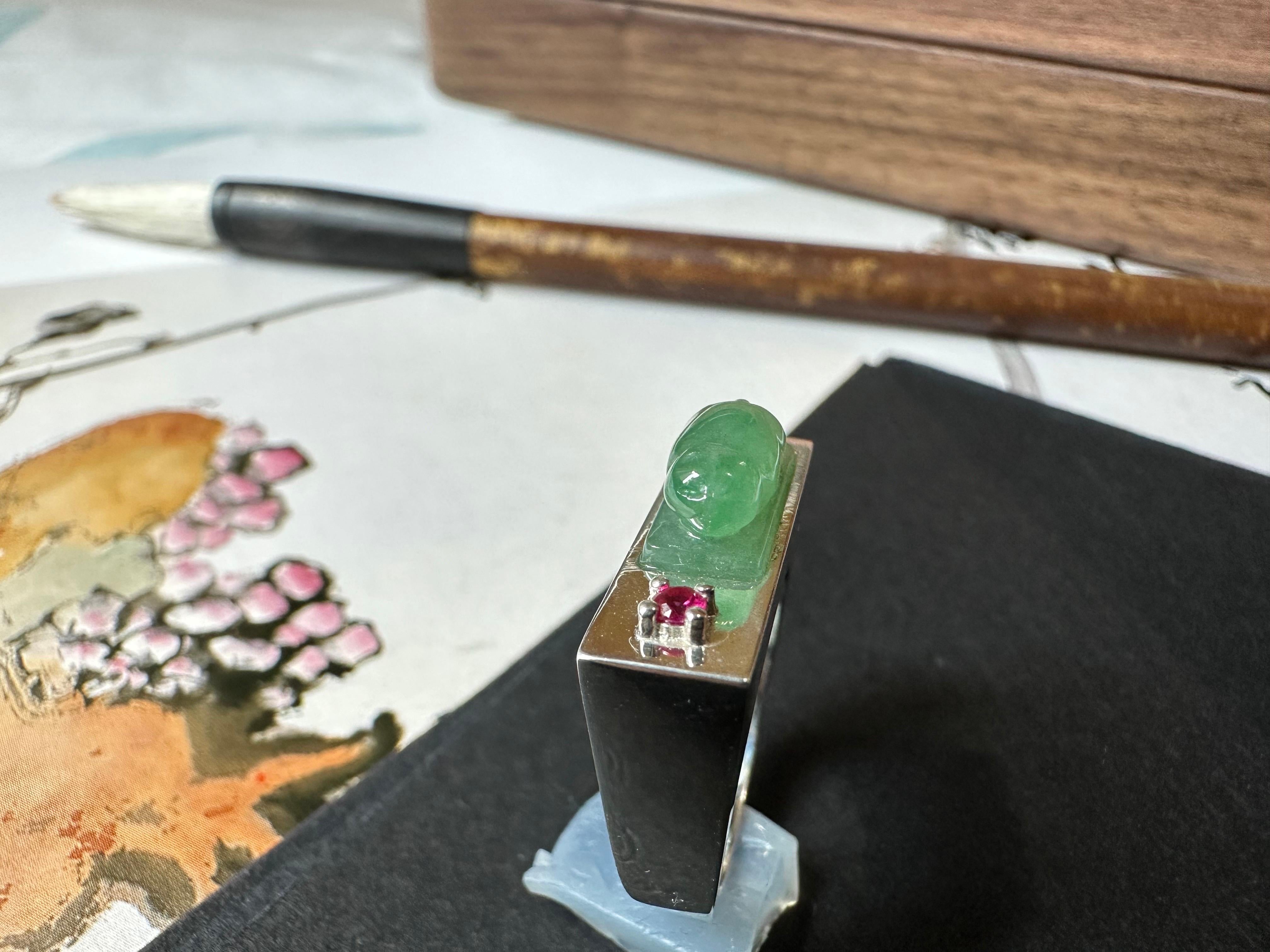 Certified Natural Myanmar Handcrafted Cat Icy Green Jade 925 Silver Ring For Sale 8