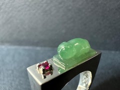 Certified Natural Myanmar Handcrafted Cat Icy Green Jade 925 Silver Ring