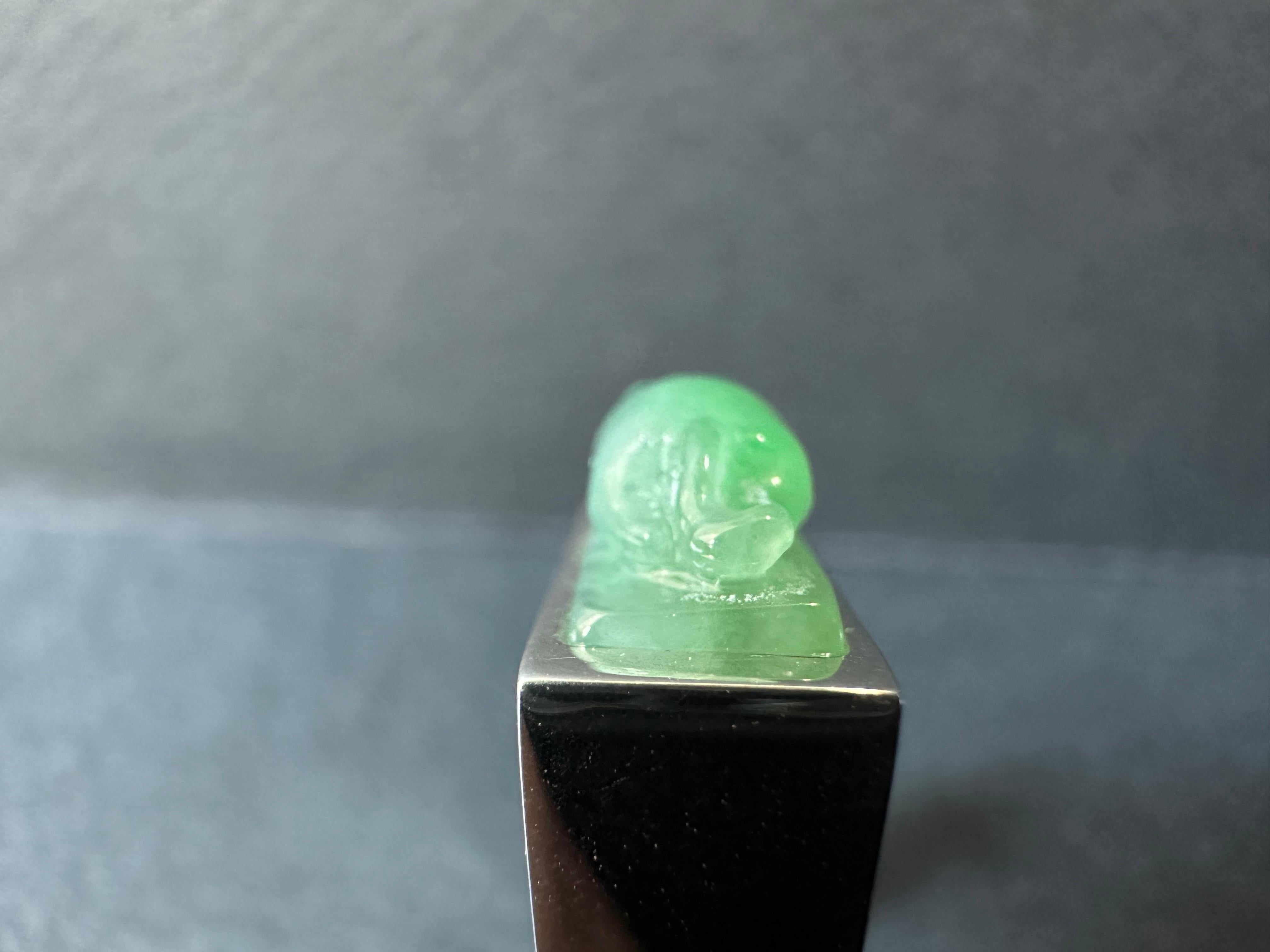 Art Nouveau Certified Natural Myanmar Handcrafted Cat Icy Green Jade 925 Silver Ring For Sale