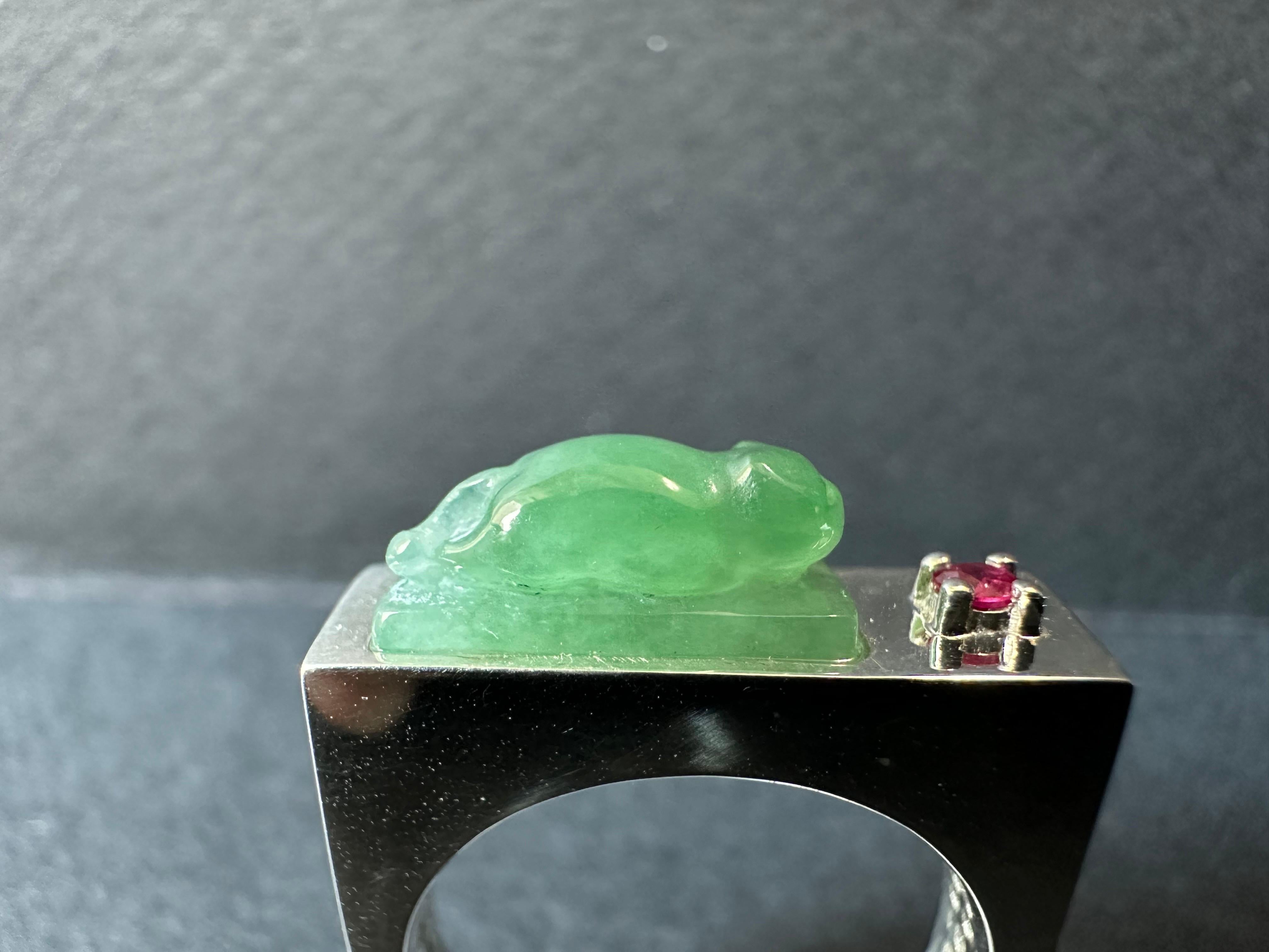Portrait Cut Certified Natural Myanmar Handcrafted Cat Icy Green Jade 925 Silver Ring For Sale