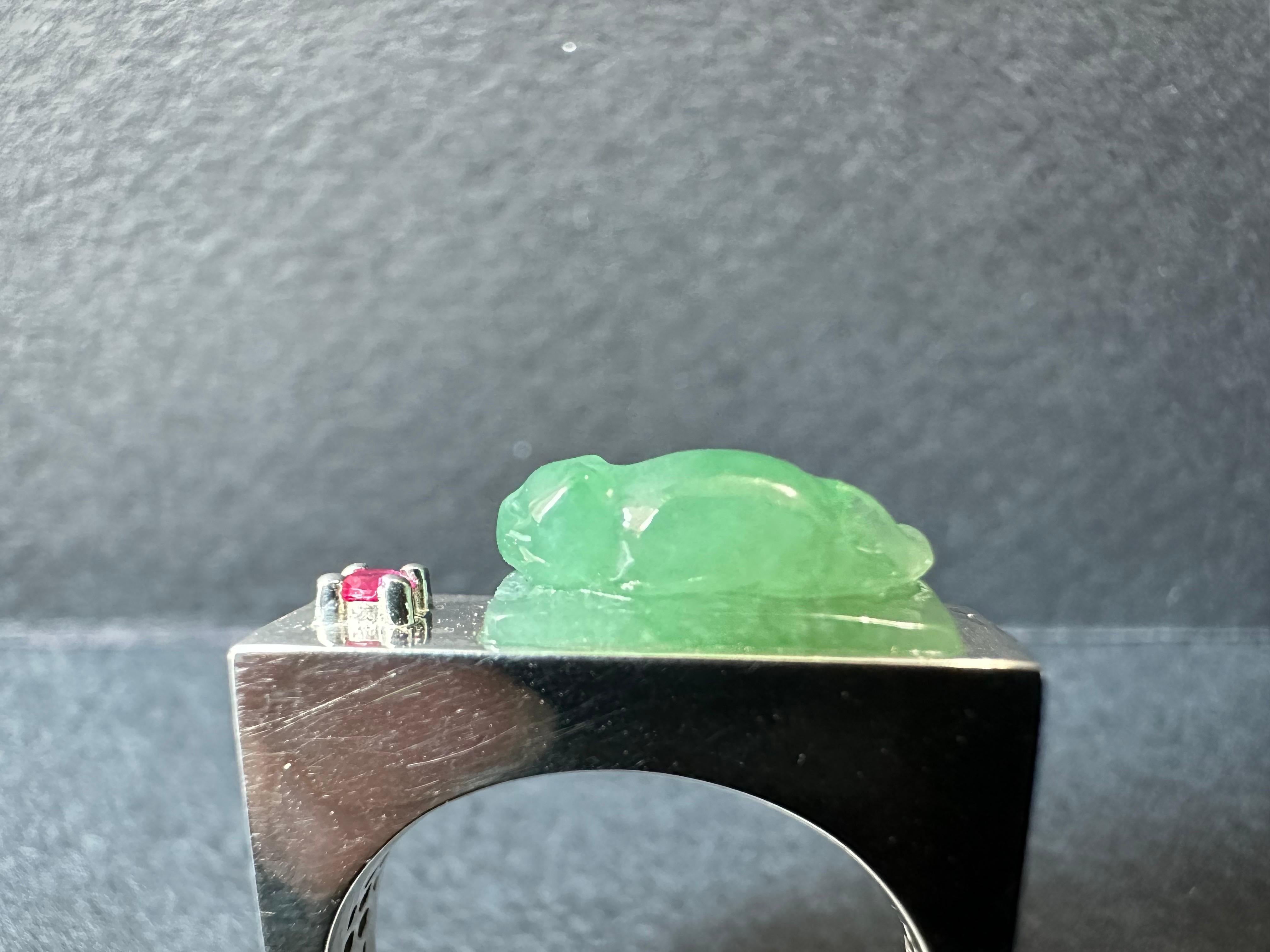Certified Natural Myanmar Handcrafted Cat Icy Green Jade 925 Silver Ring For Sale 1