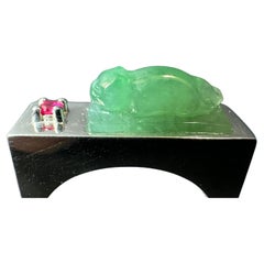 Certified Natural Myanmar Handcraftted Cat Icy Green Jade 925 Silver Ring (bague en argent 925)