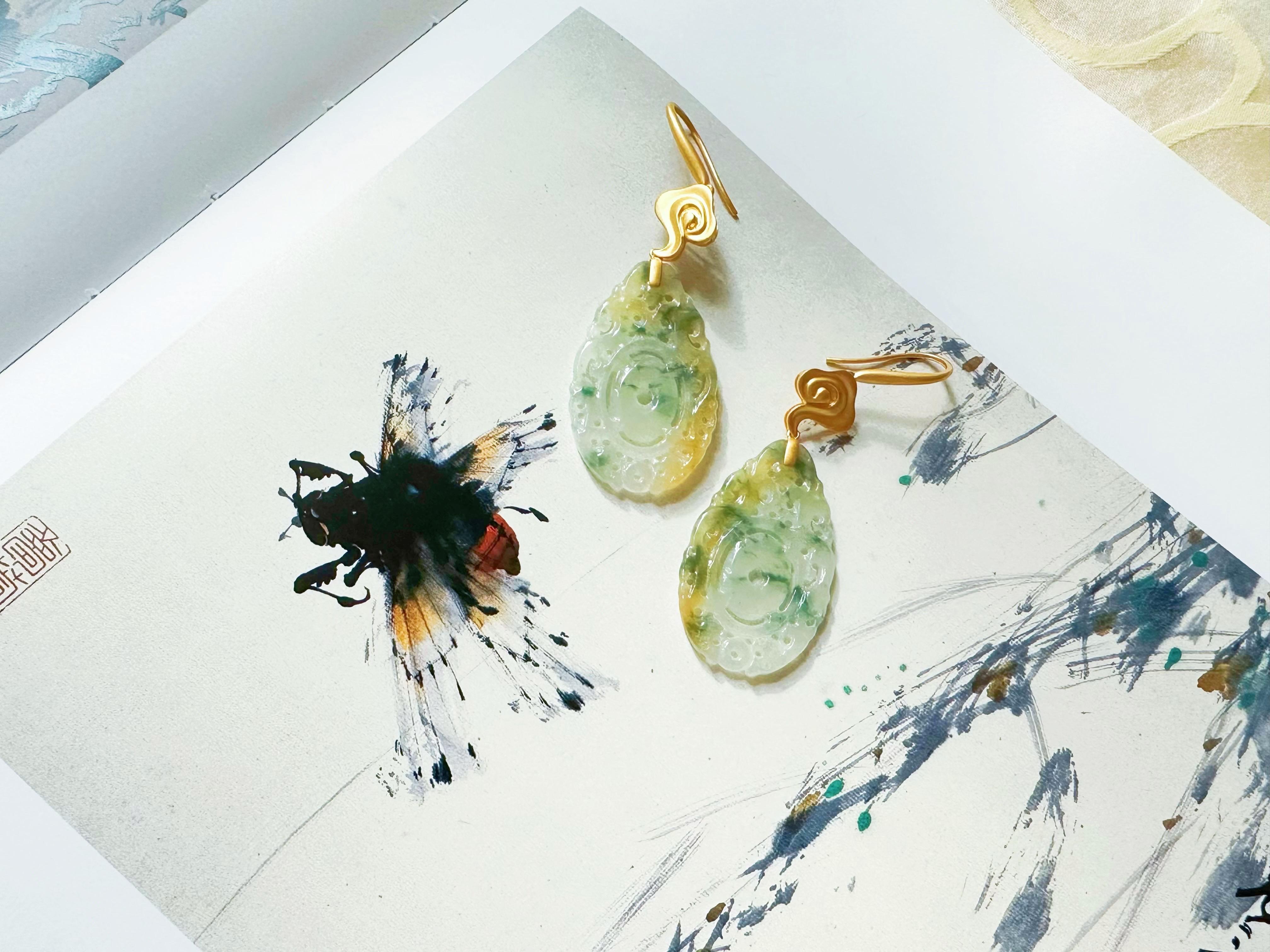 Natürliche Myanmar Handcrafted Icy Type Bicolor Grün und Gelb Jade Ohrringe im Angebot 6