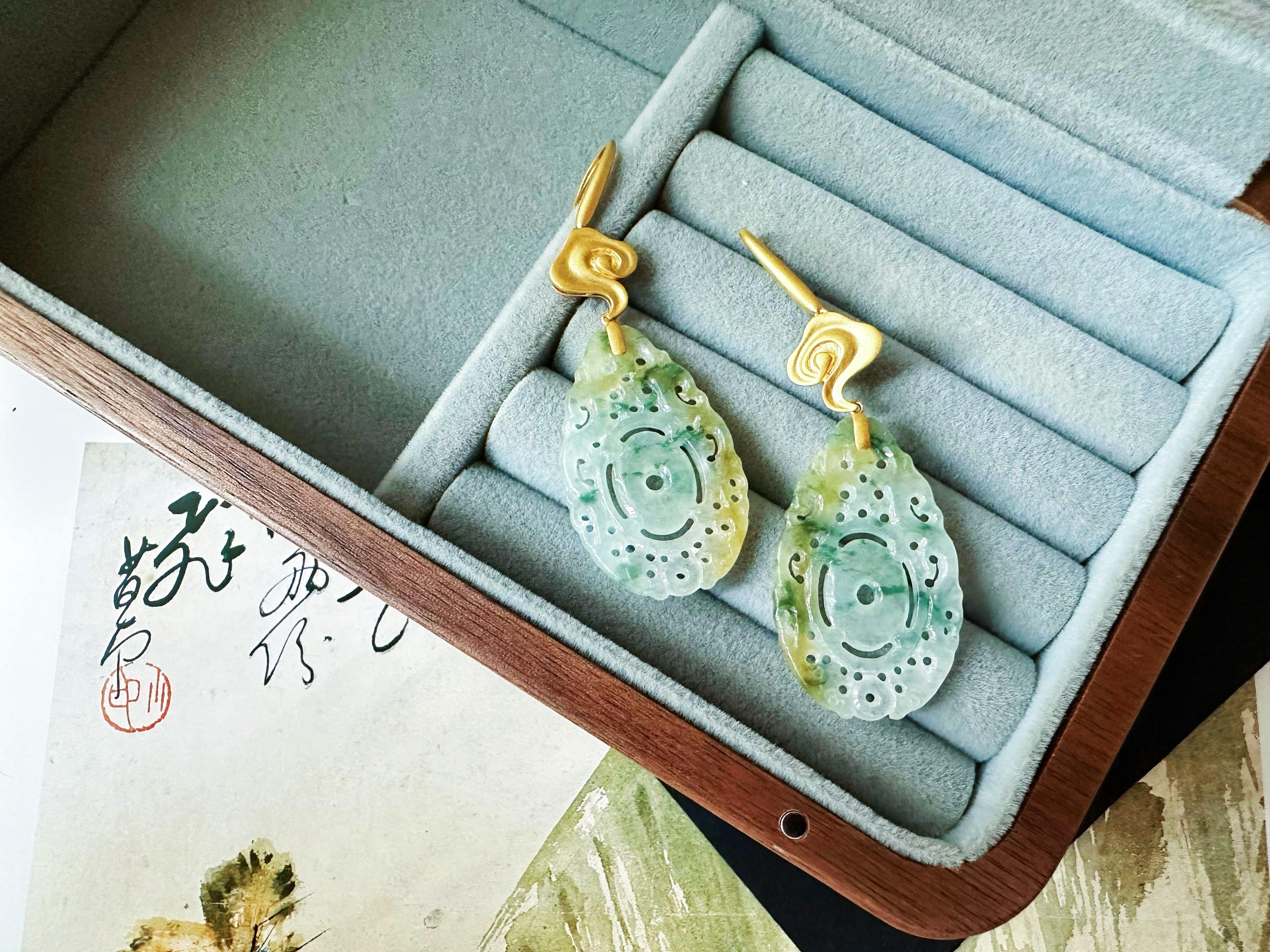 Natural Myanmar Handcrafted Icy Type Bicolor Green and Yellow Jade Earrings For Sale 7