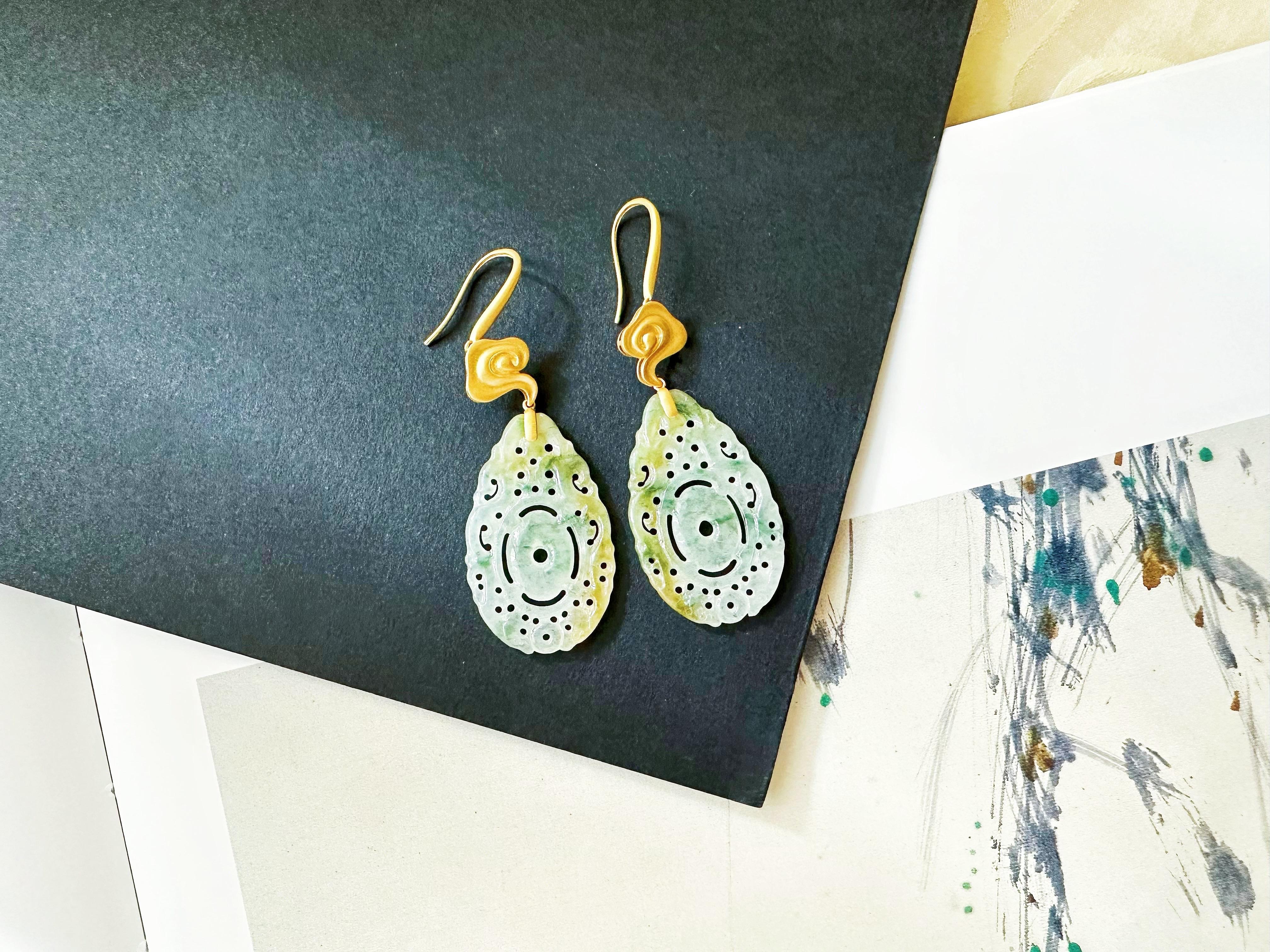 Natural Myanmar Handcrafted Icy Type Bicolor Green and Yellow Jade Earrings For Sale 8
