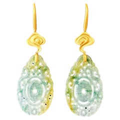 Natural Myanmar Handcrafted Icy Type Bicolor Green and Yellow Jade Earrings