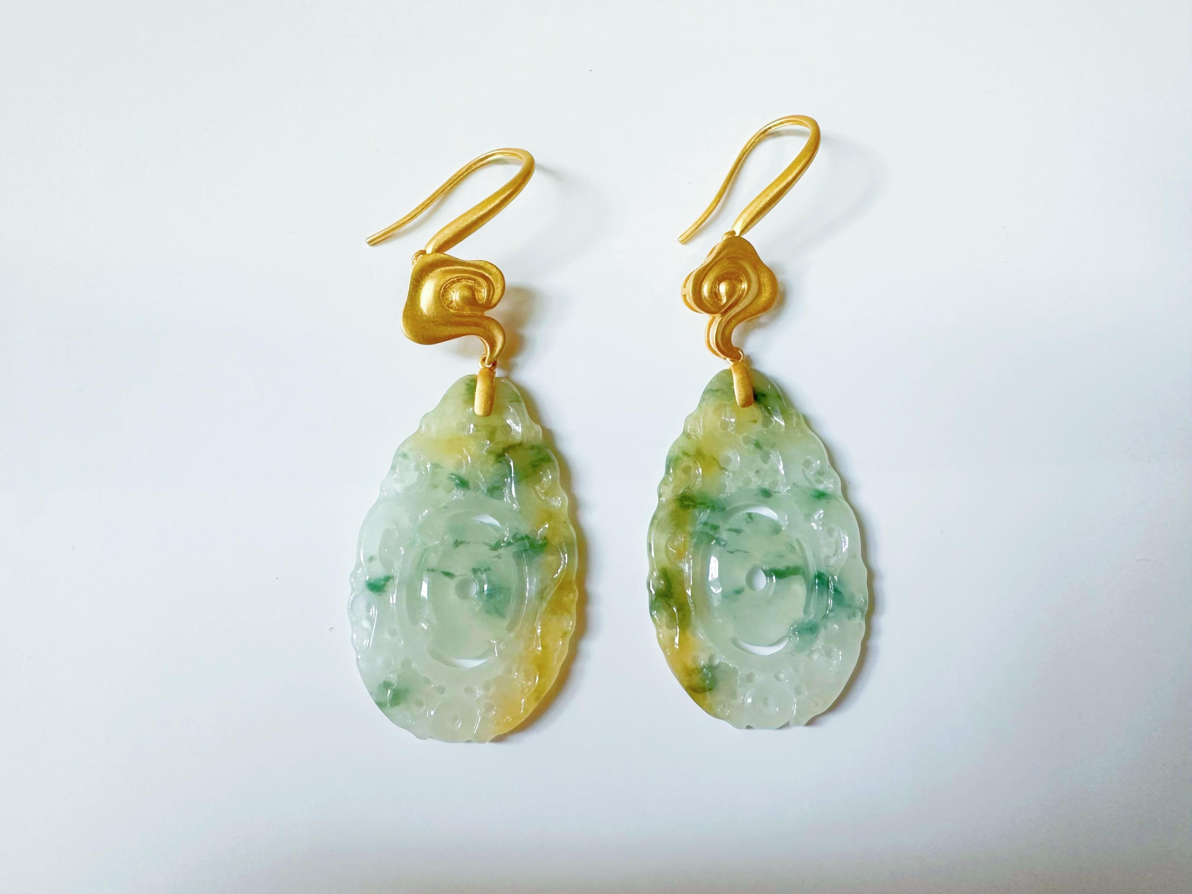 Art Nouveau Natural Myanmar Handcrafted Icy Type Bicolor Green and Yellow Jade Earrings For Sale