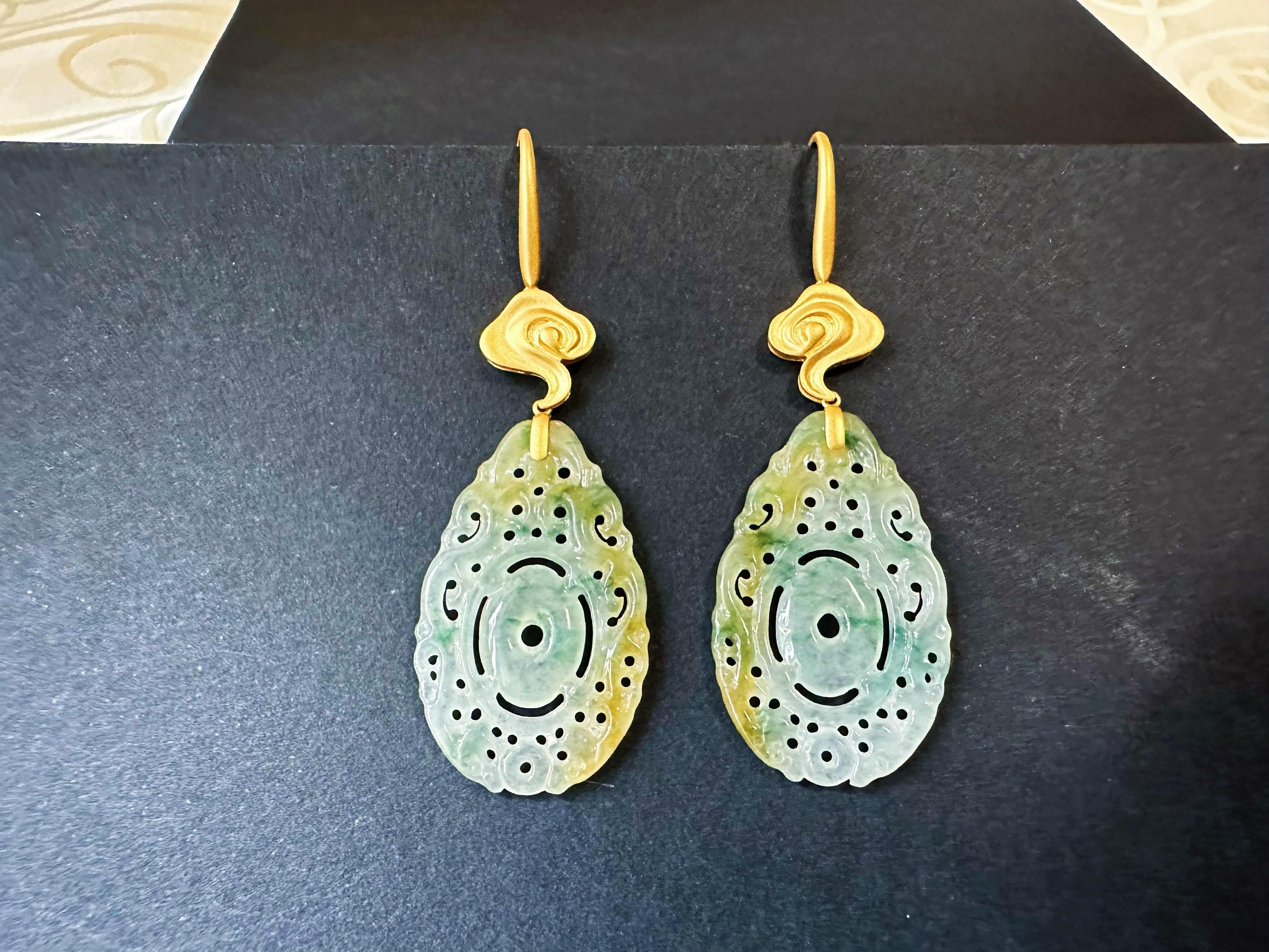Women's or Men's Natural Myanmar Handcrafted Icy Type Bicolor Green and Yellow Jade Earrings For Sale